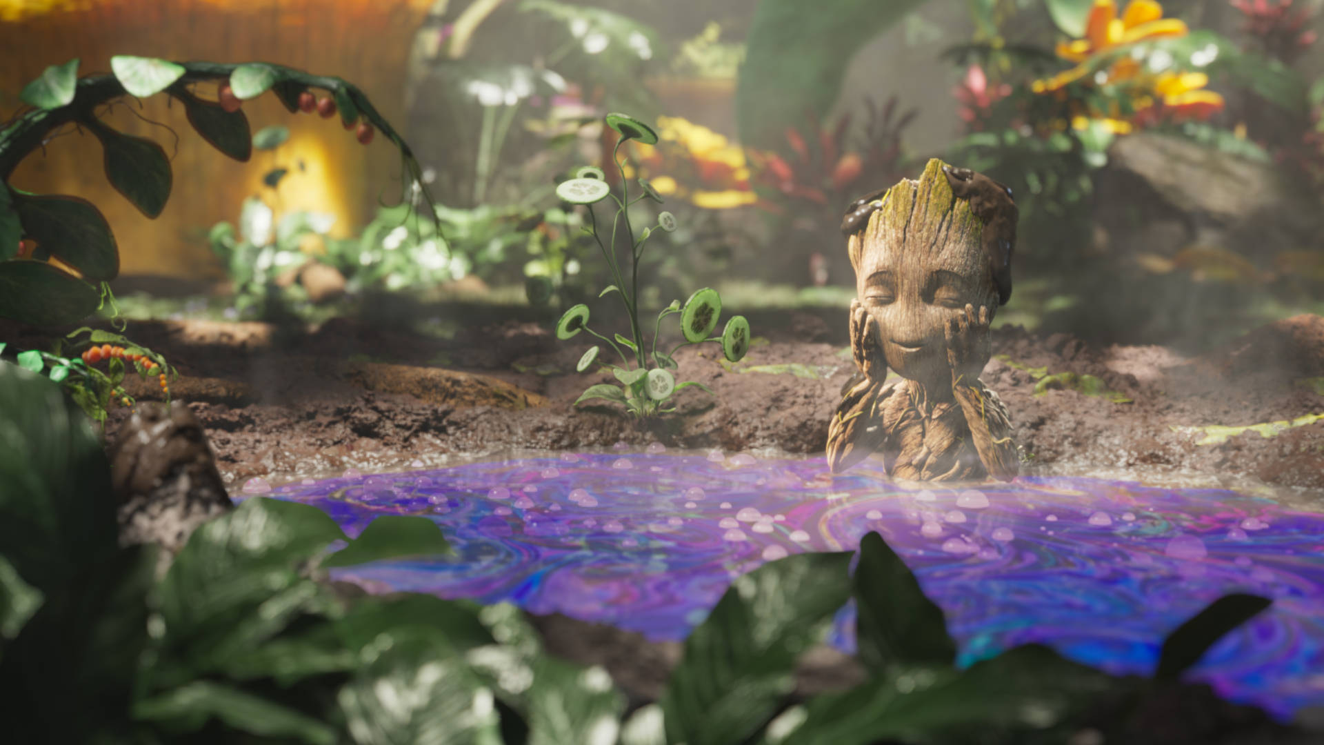 Baby Groot, glowing purple pool, lush green foliage, Full HD Desktop Wallpaper
