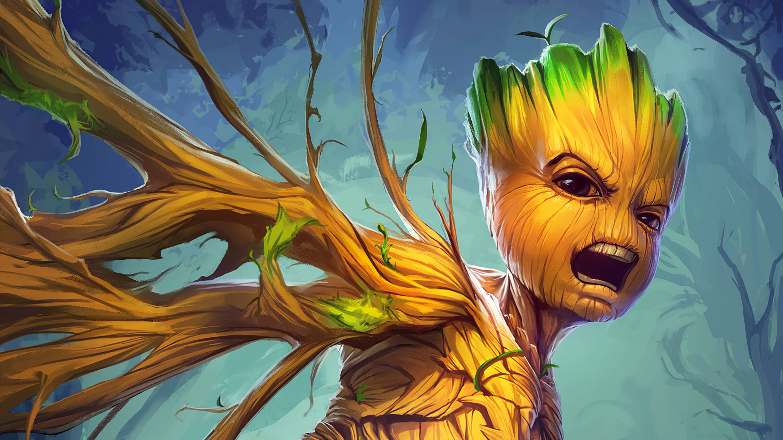 Baby Groot, green-tipped hair, bark-covered body, Full HD Desktop Wallpaper