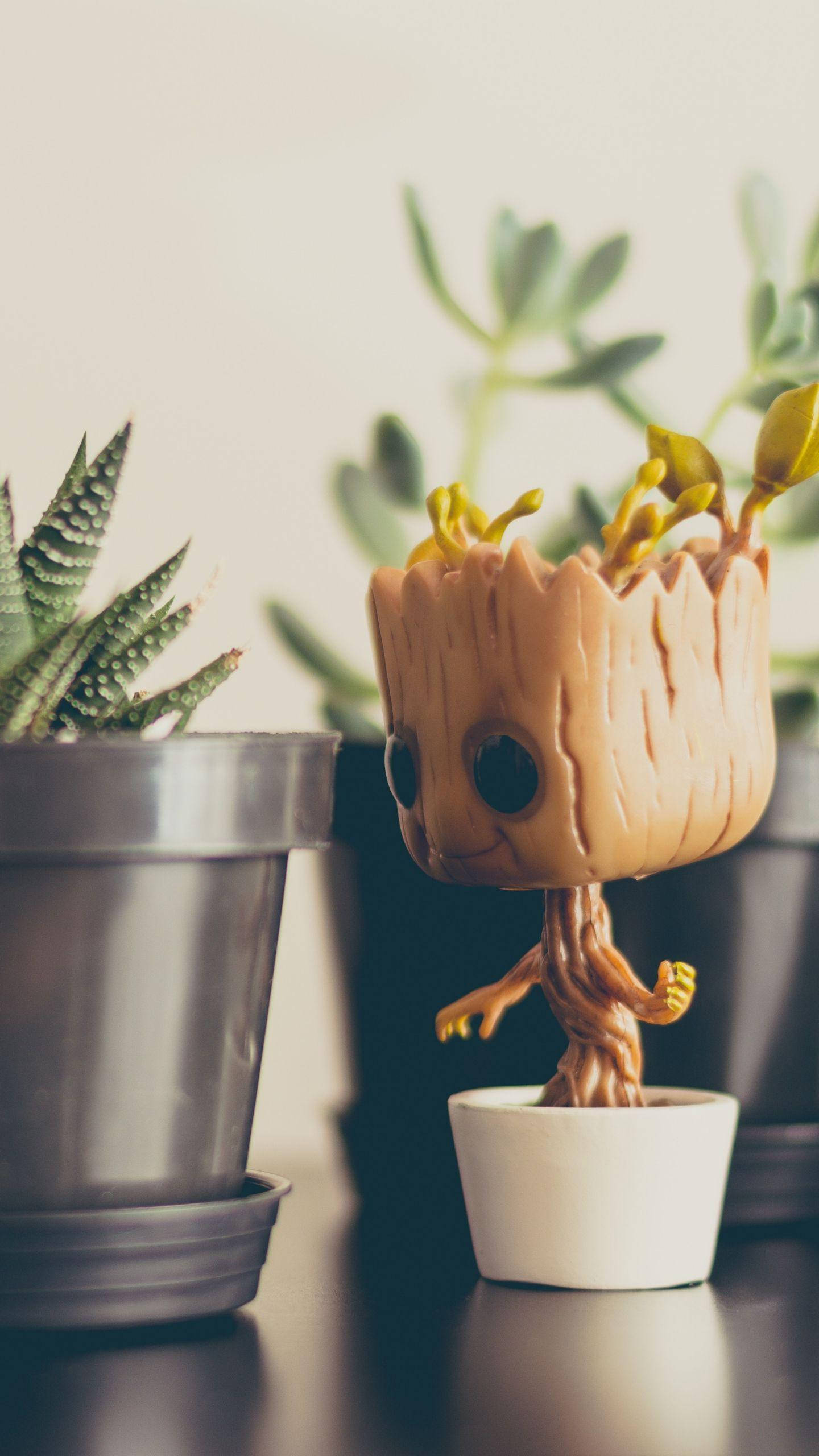 Baby Groot, white pot, succulent, 2K Phone Wallpaper