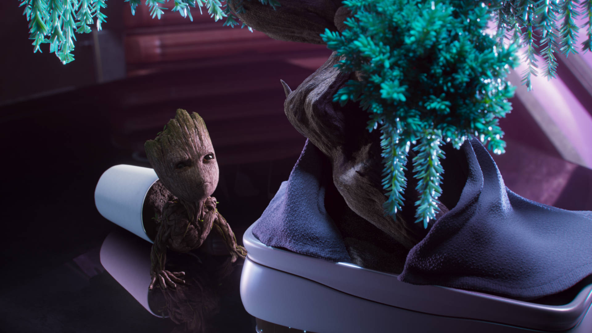 Baby Groot, glowing teal bonsai tree, sleek white planter, Full HD Desktop Wallpaper