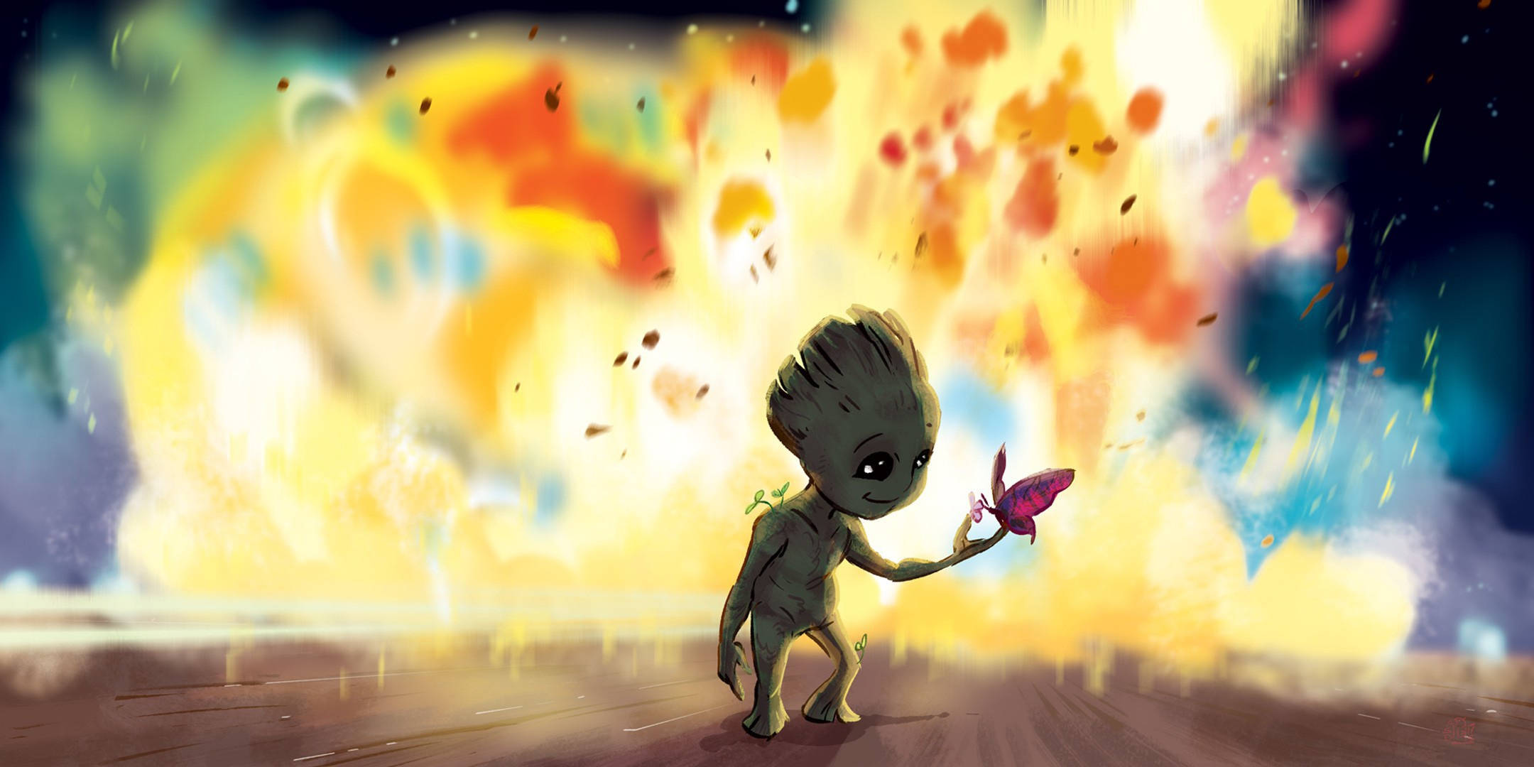Baby Groot, pink butterfly, cosmic explosion, Full HD Desktop Wallpaper