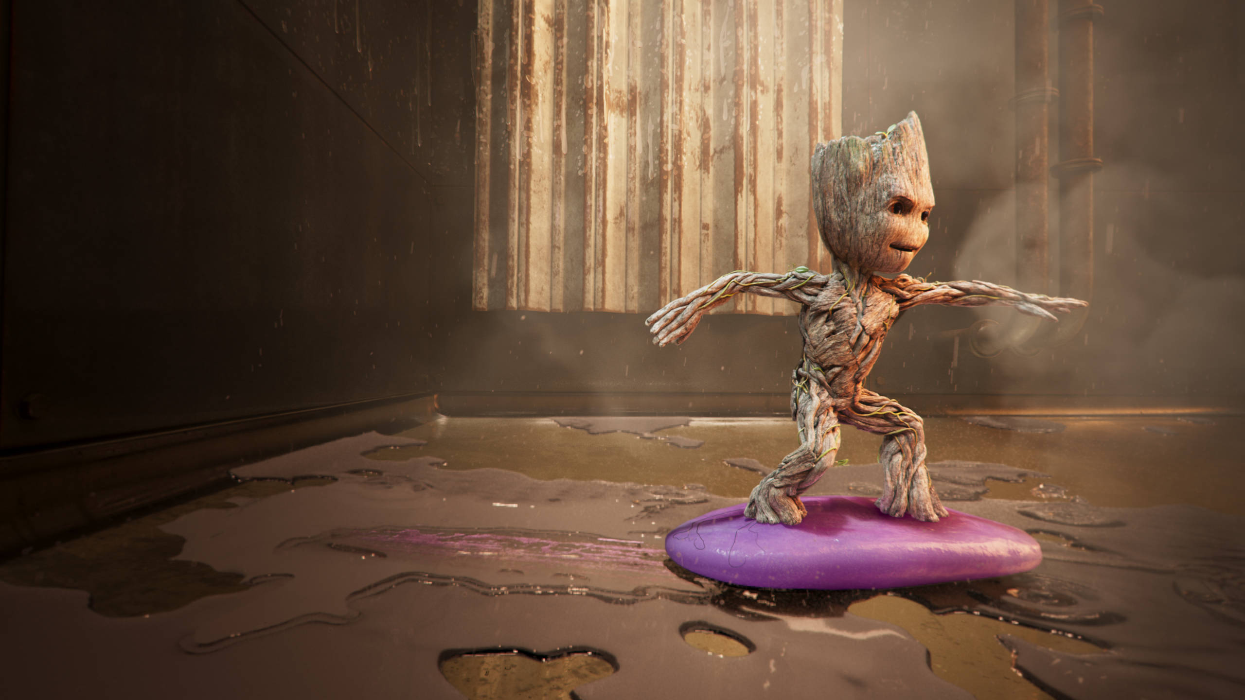 Baby Groot, purple surfboard, rainy industrial alley, 2K Desktop Wallpaper