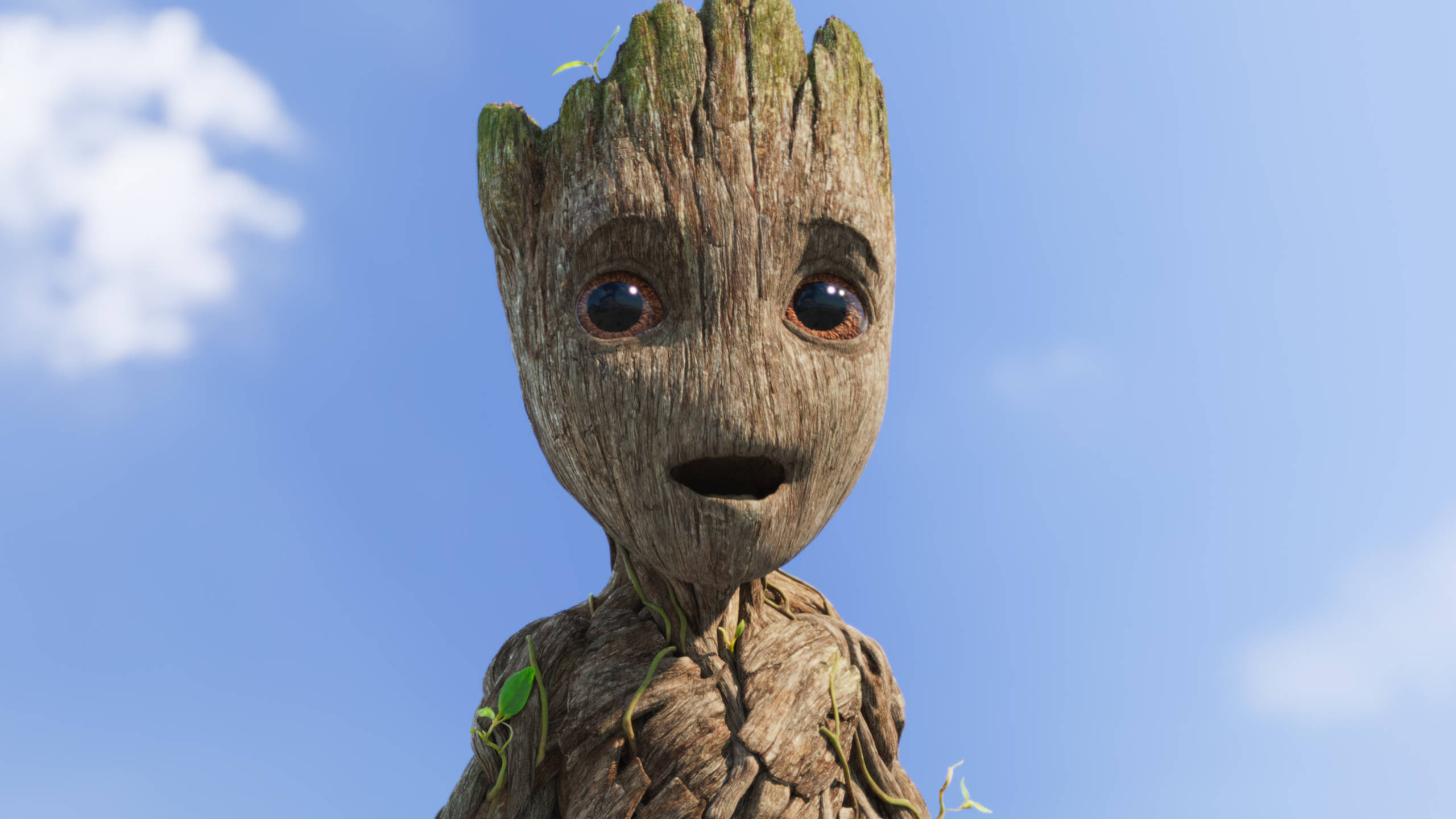 Baby Groot, Groot, clear blue sky, 2K Desktop Wallpaper