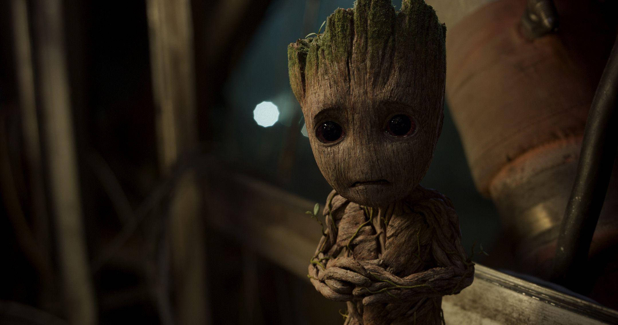 Baby Groot, dimly lit industrial setting, big eyes, Full HD Desktop Wallpaper