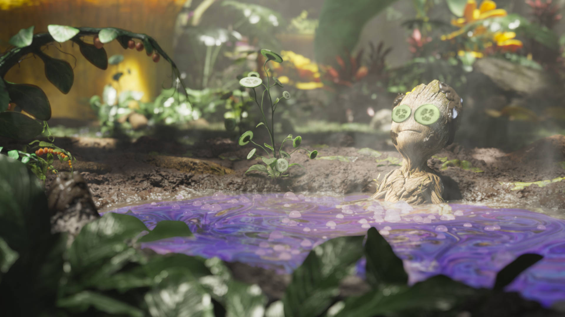 Baby Groot, cucumber slices, steaming purple hot spring, Full HD Desktop Wallpaper