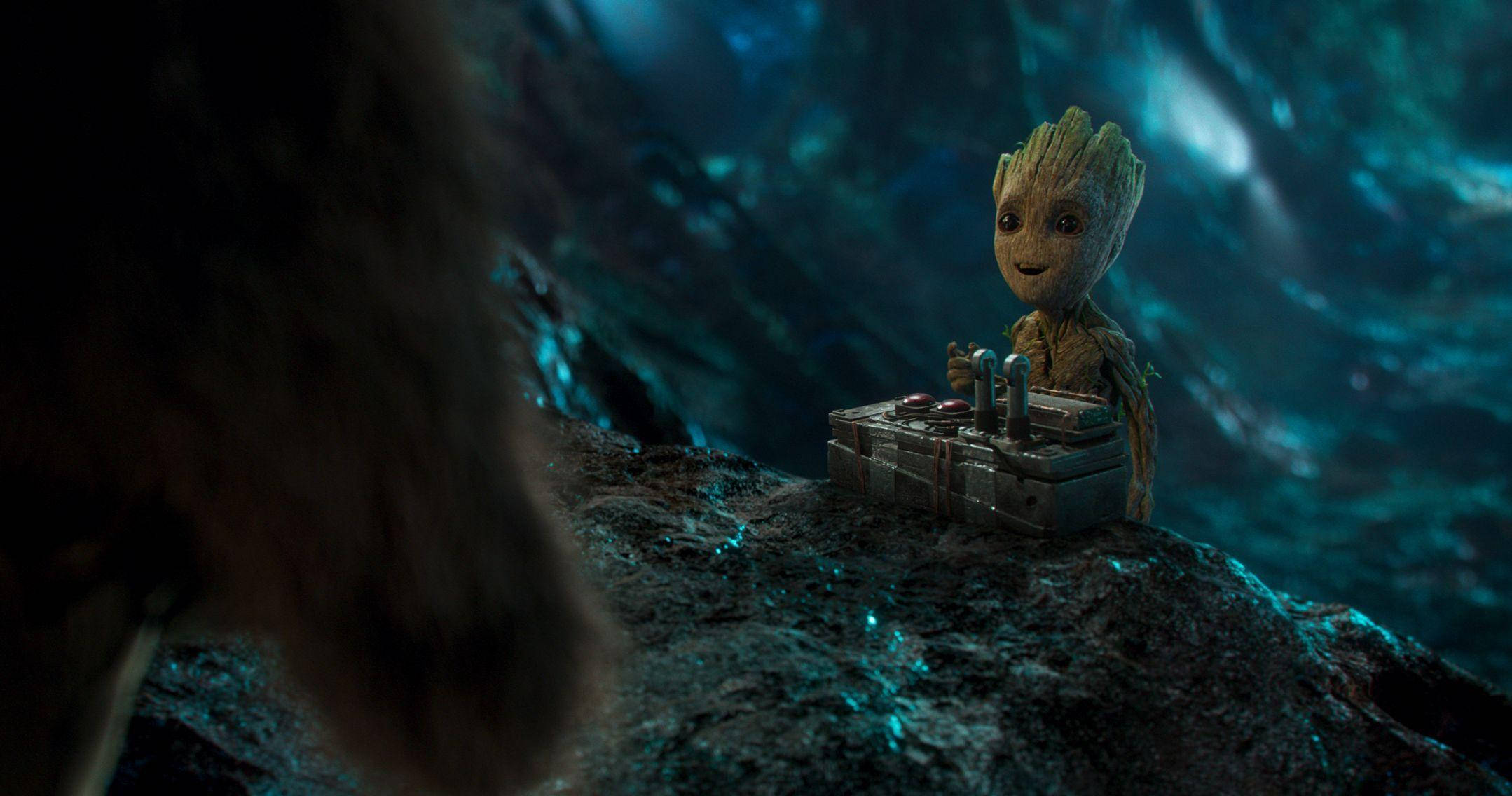 Baby Groot, rocky ledge, glowing blue alien cave, Full HD Desktop Wallpaper