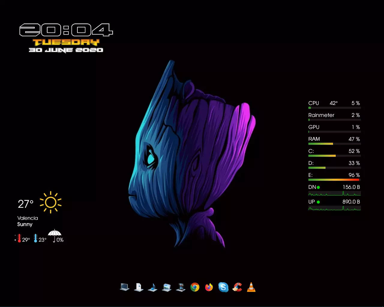 Baby Groot, Rainmeter skin, glowing blue and purple gradients, HD Desktop Wallpaper