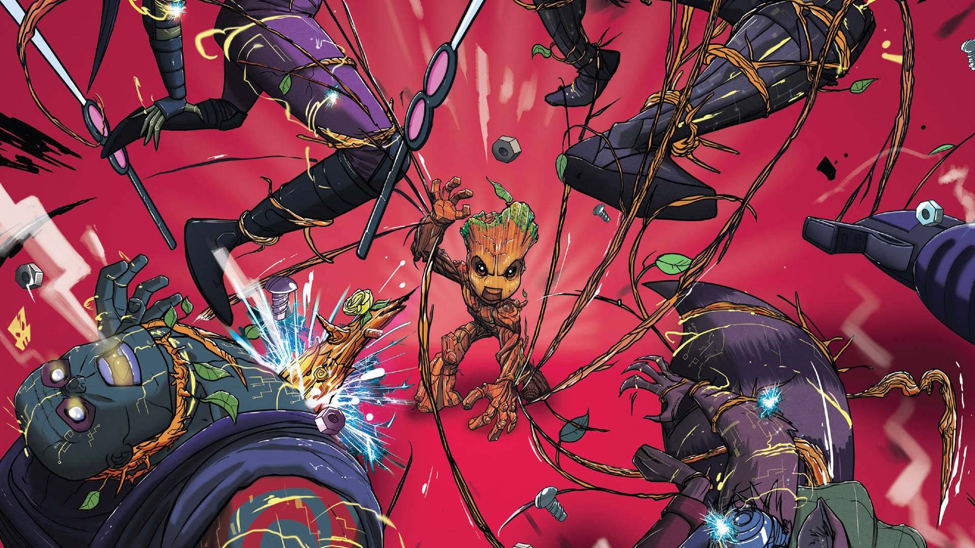 Baby Groot, robotic enemies, red-hued, Full HD Desktop Wallpaper