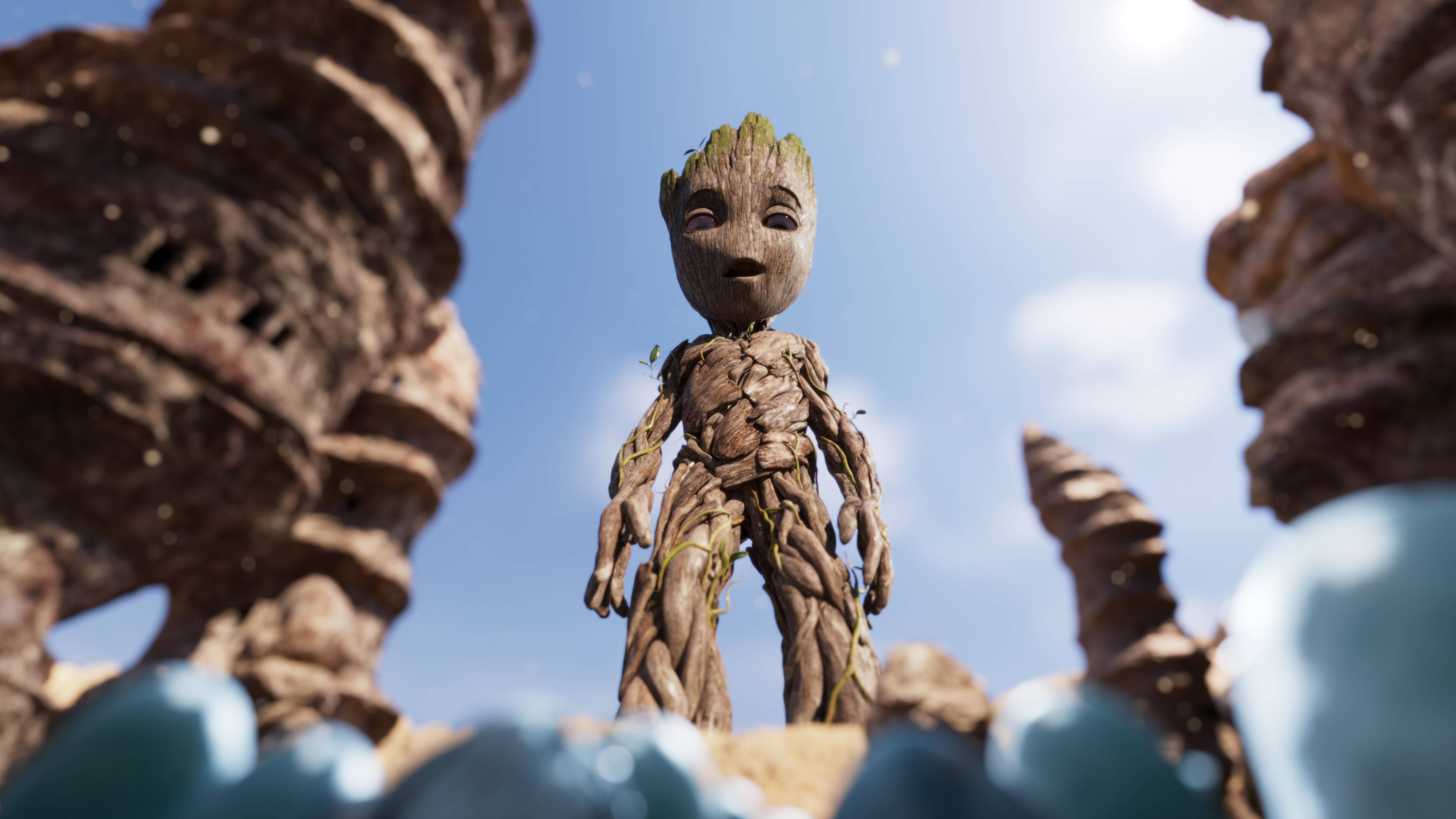 Baby Groot, tiny tree-like creature, giant rock formations, 4K Desktop Wallpaper