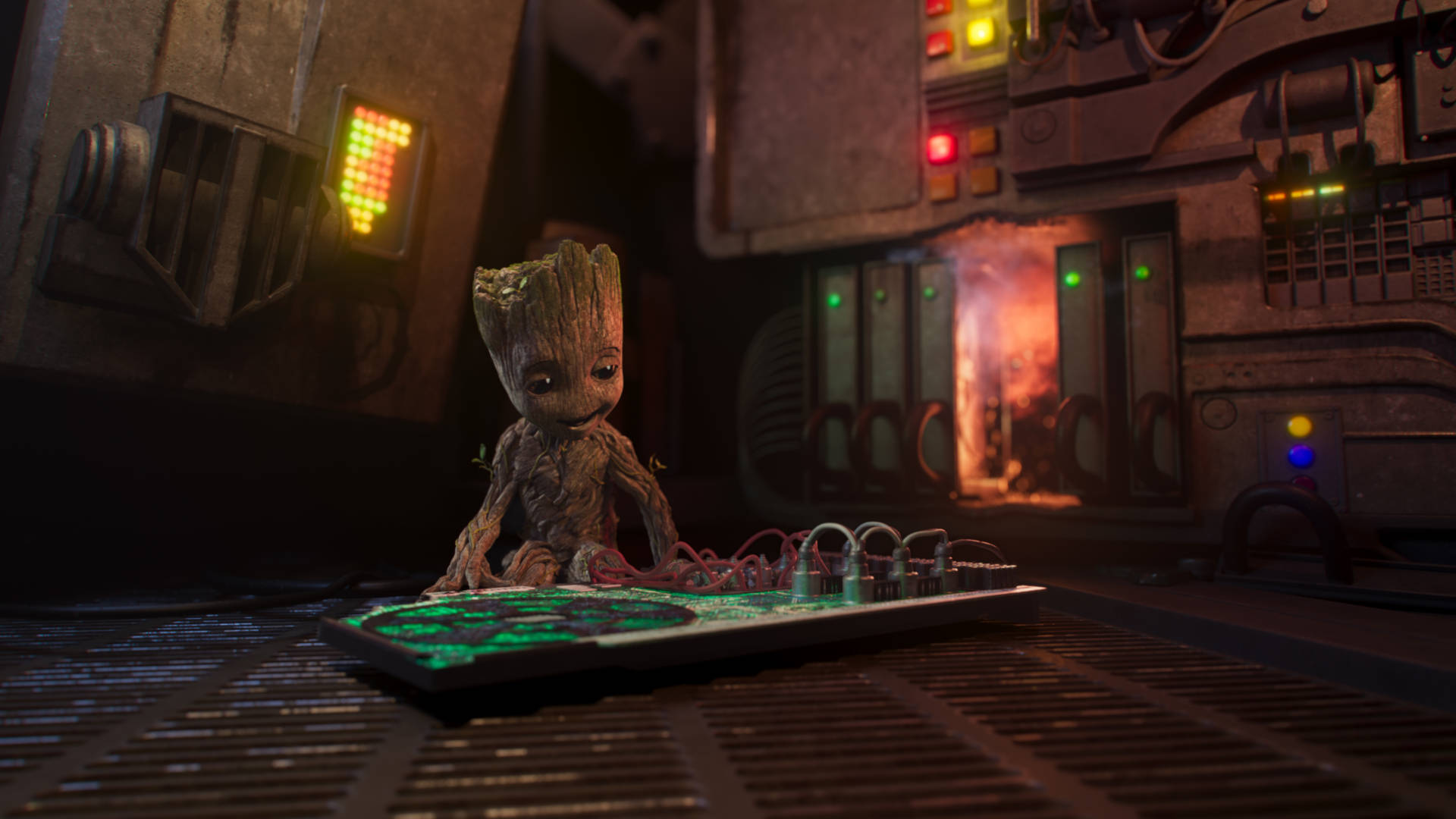 Baby Groot, glowing green control panel, dimly lit spaceship cockpit, Full HD Desktop Wallpaper