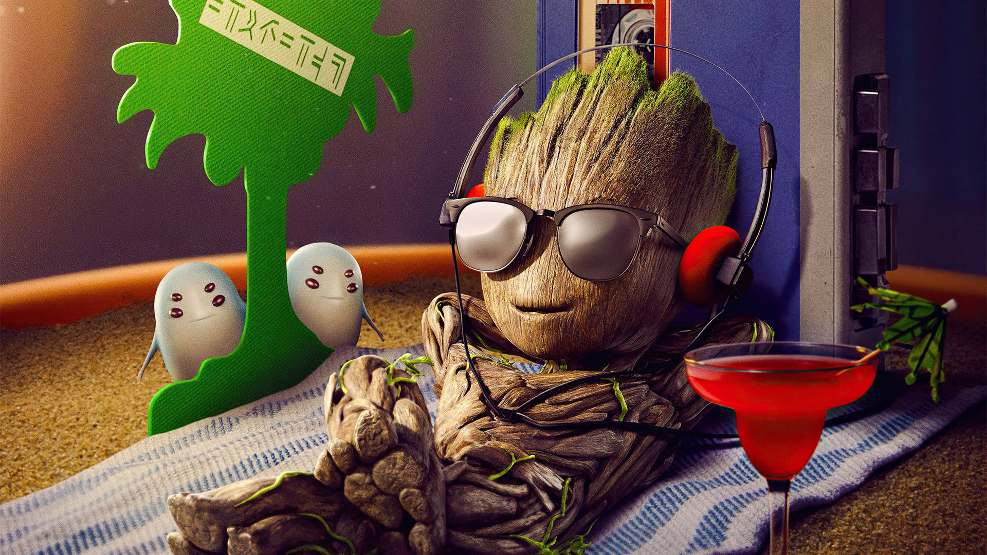 Baby Groot, sunglasses, headphones, Full HD Desktop Wallpaper