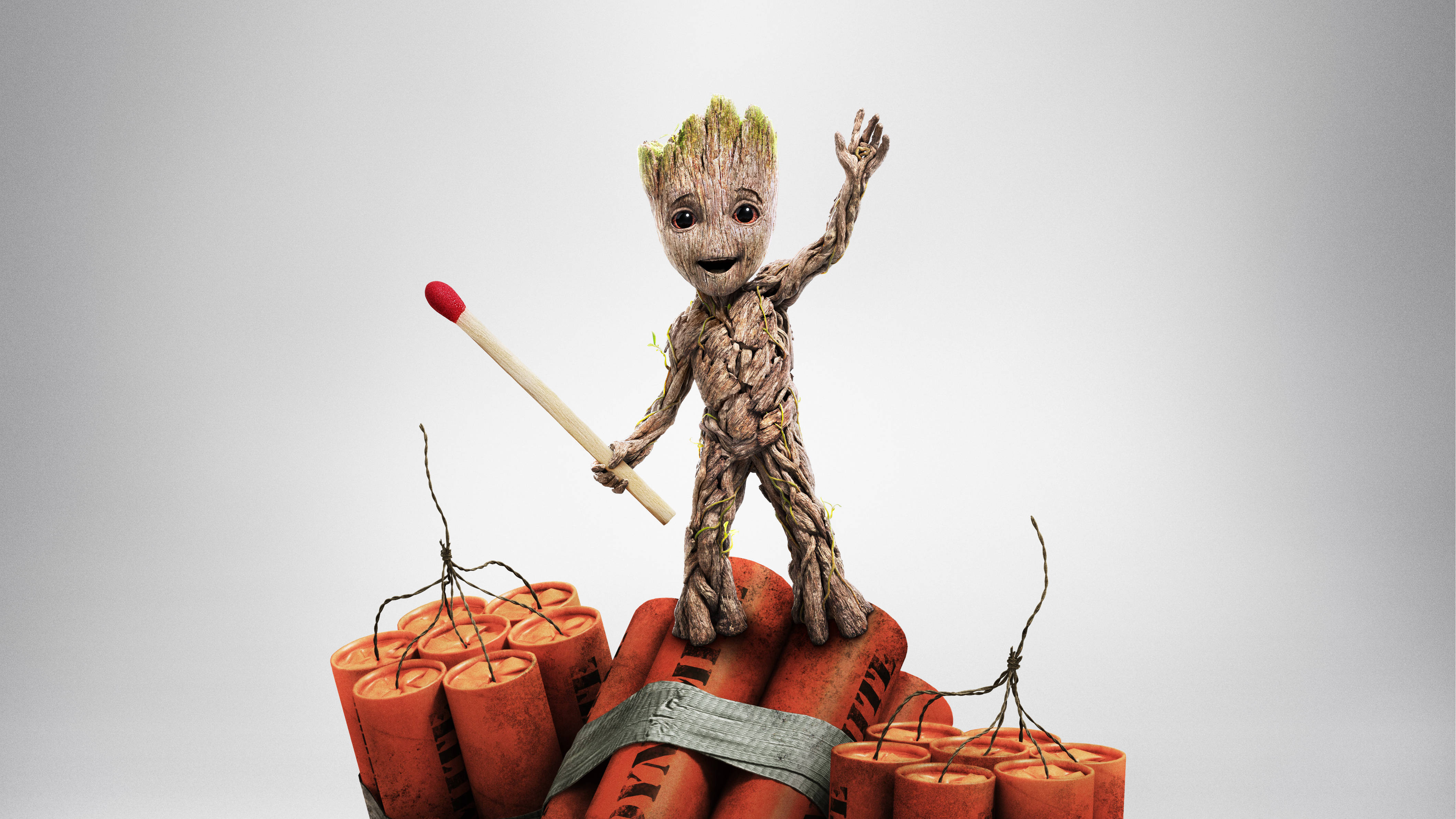 Baby Groot, dynamite, lit match, 4K Desktop Wallpaper
