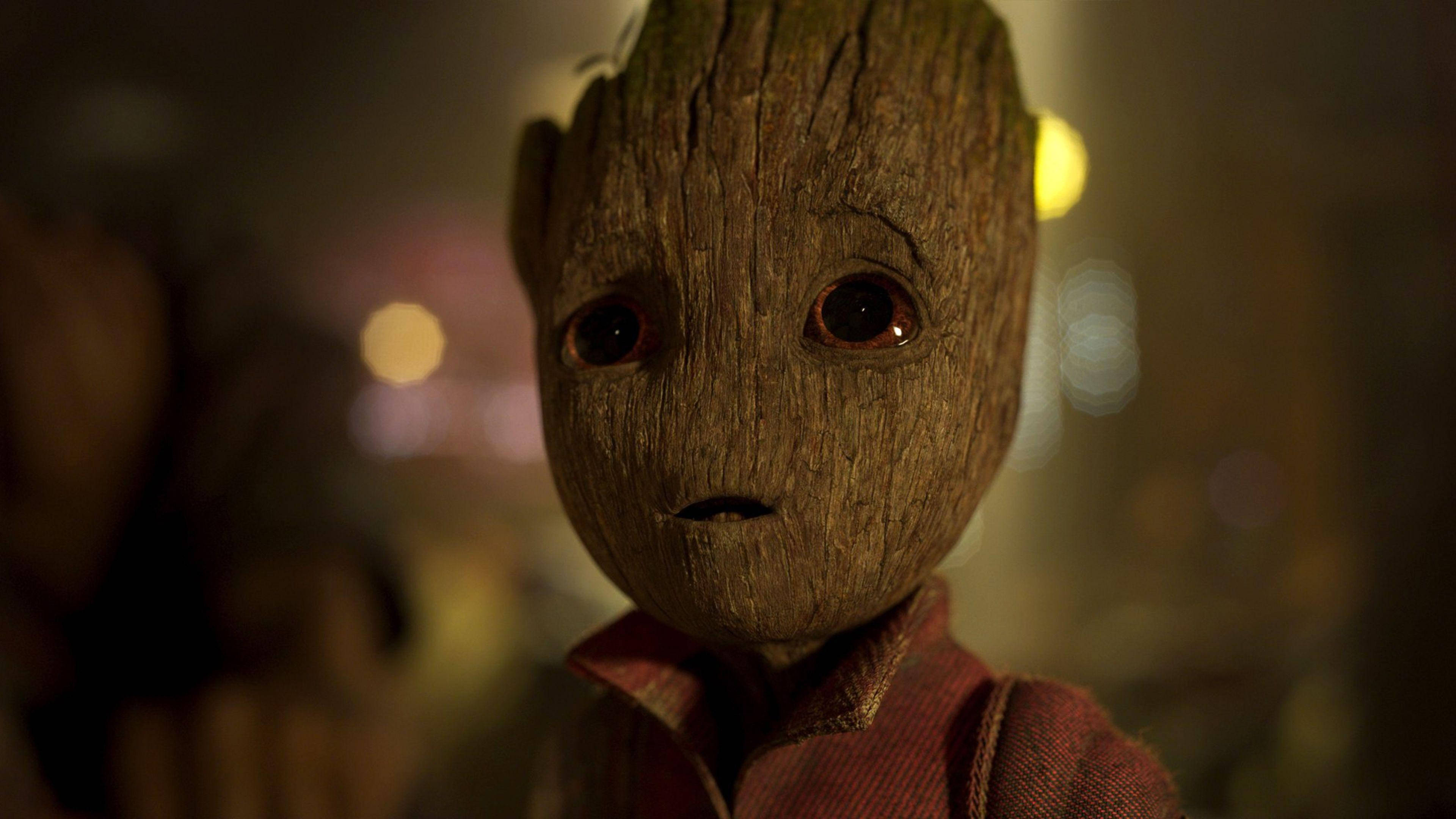 Baby Groot, red shirt, textured bark skin, 4K Desktop Wallpaper