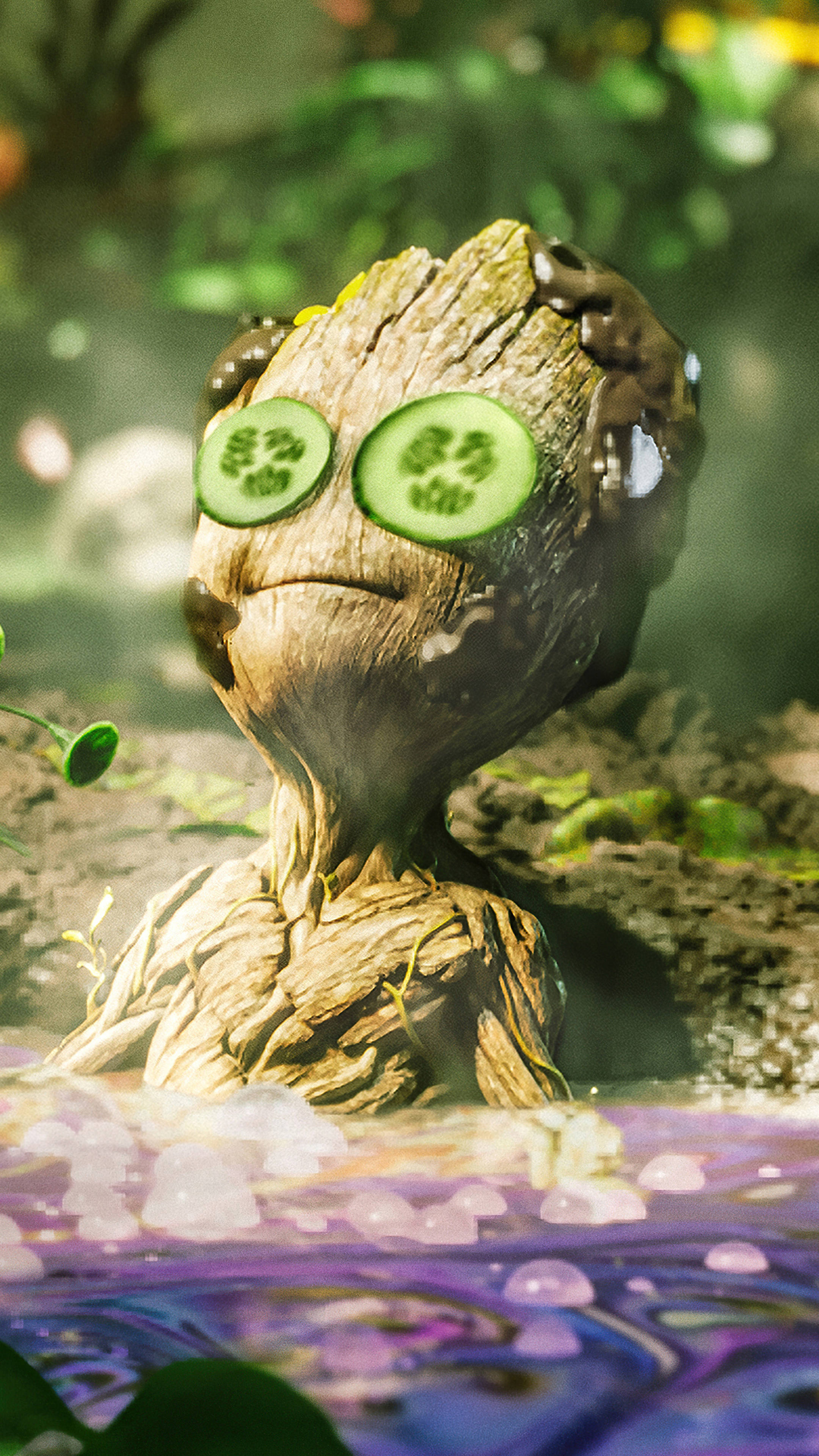 Baby Groot, cucumber slices, purple glowing pond, 4K Phone Wallpaper