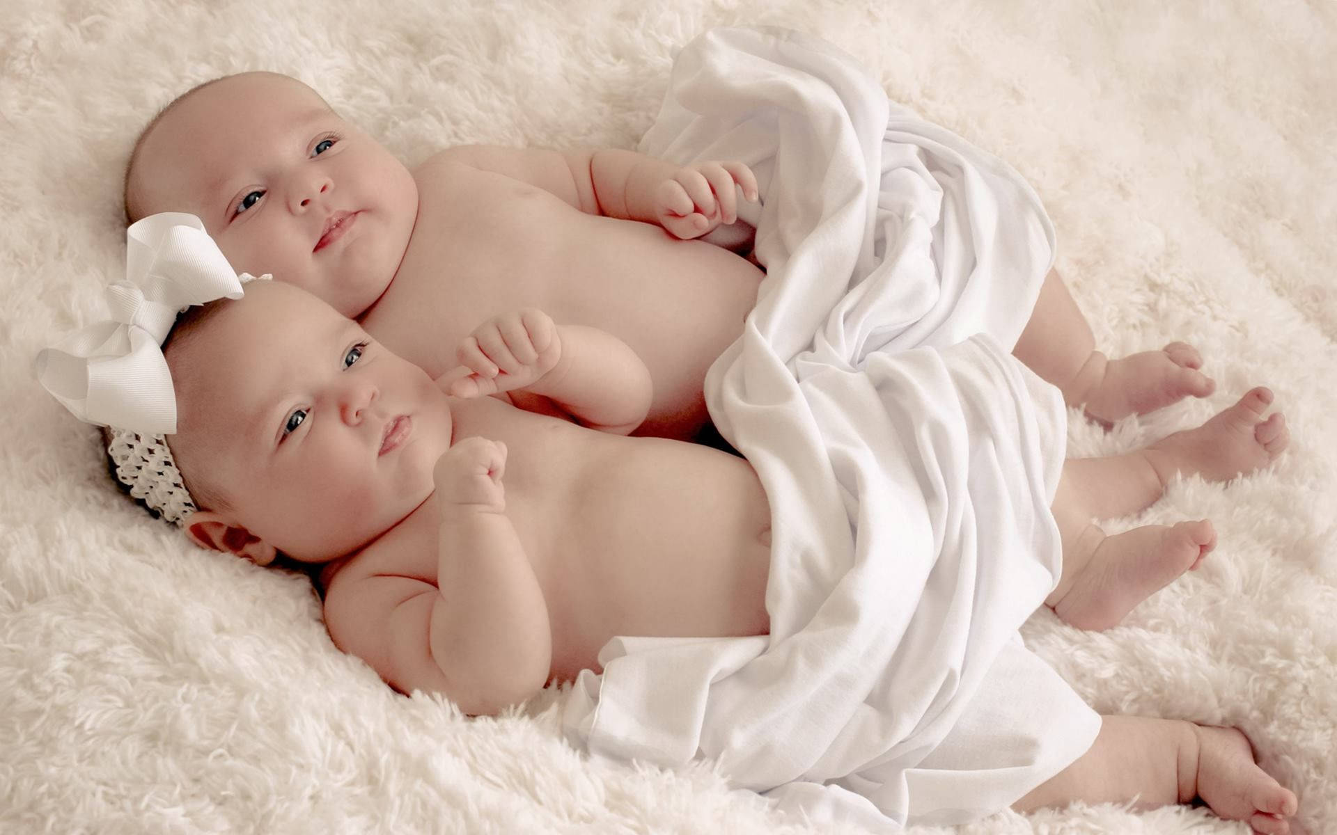 twin newborn babies, fluffy white rug, soft white fabric, Full HD Desktop Wallpaper