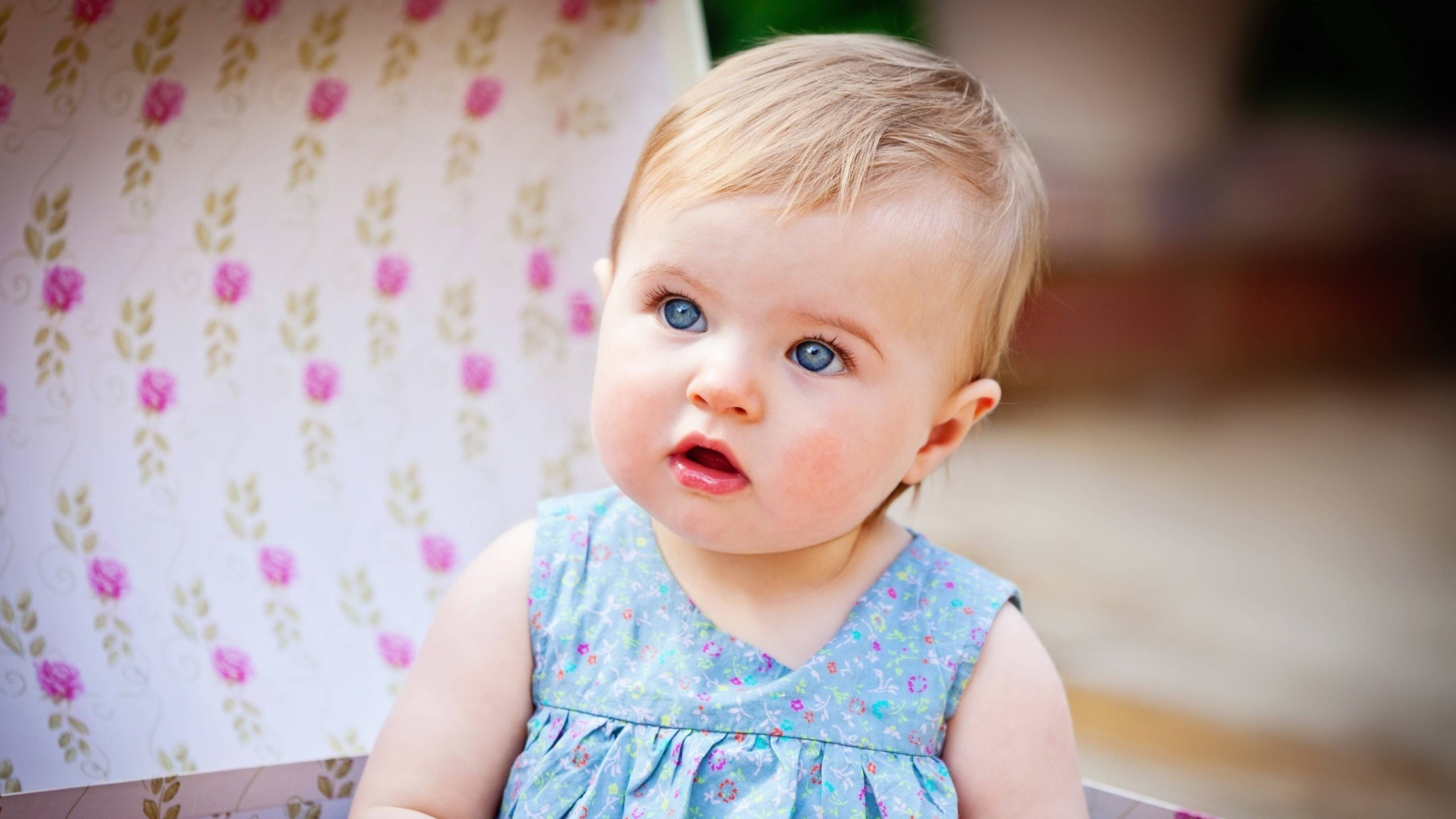 baby photography, girl with blue eyes, floral blue dress, 4K Desktop Wallpaper
