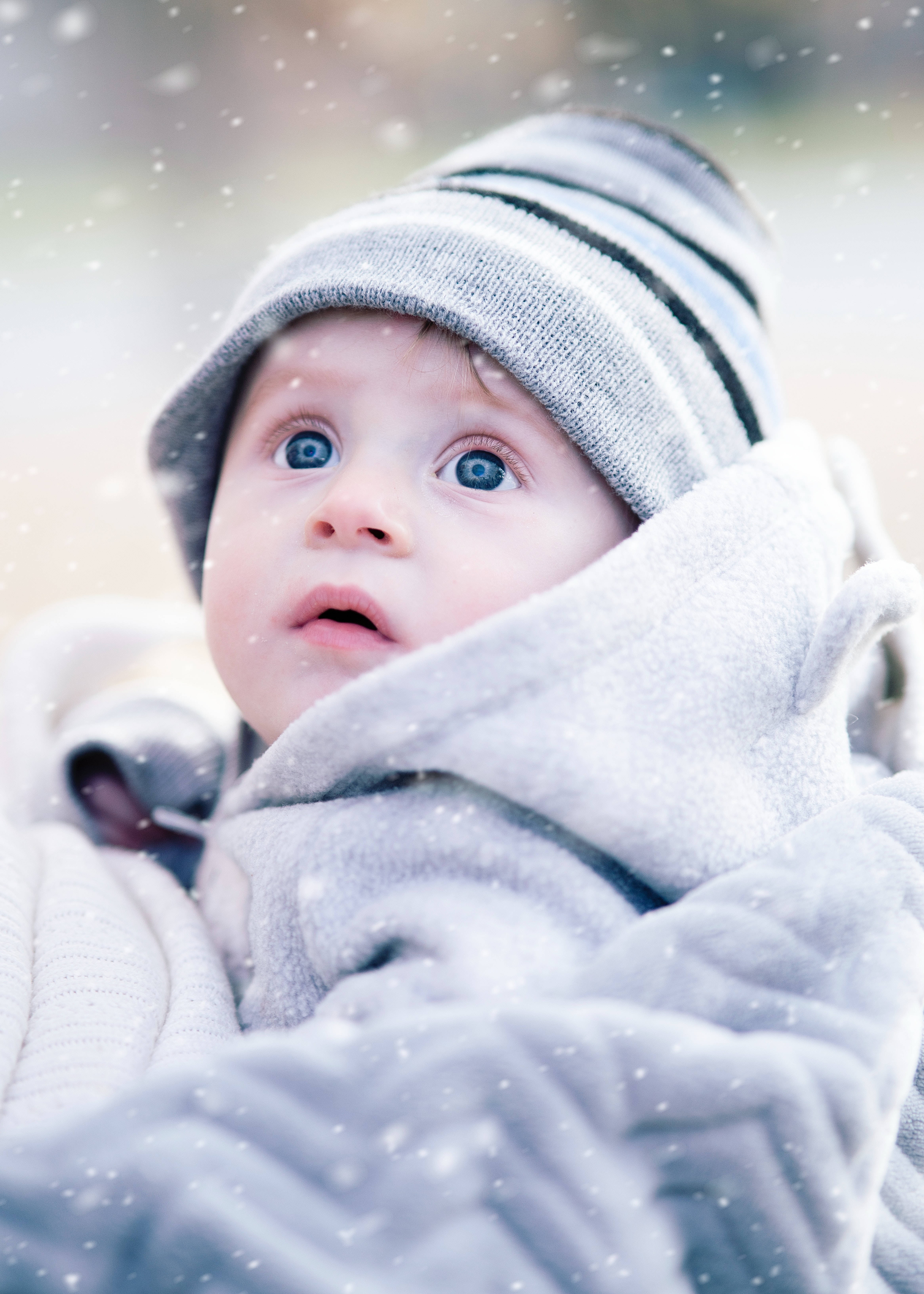 Snow Baby Boy HD, baby, bright blue eyes, 5K Phone Wallpaper