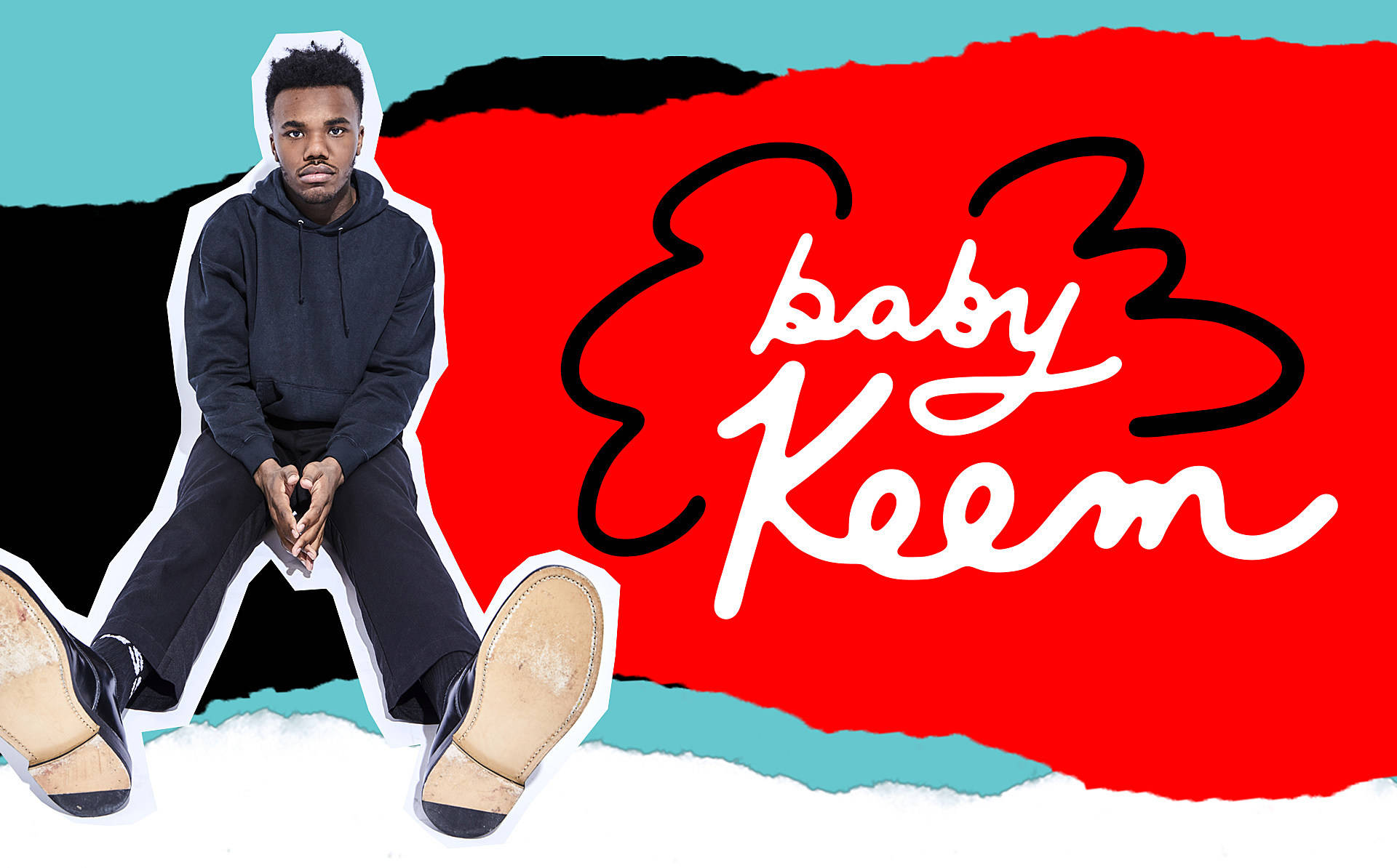 Baby Keem, black hoodie, bold red and teal torn-paper background, Full HD Desktop Wallpaper
