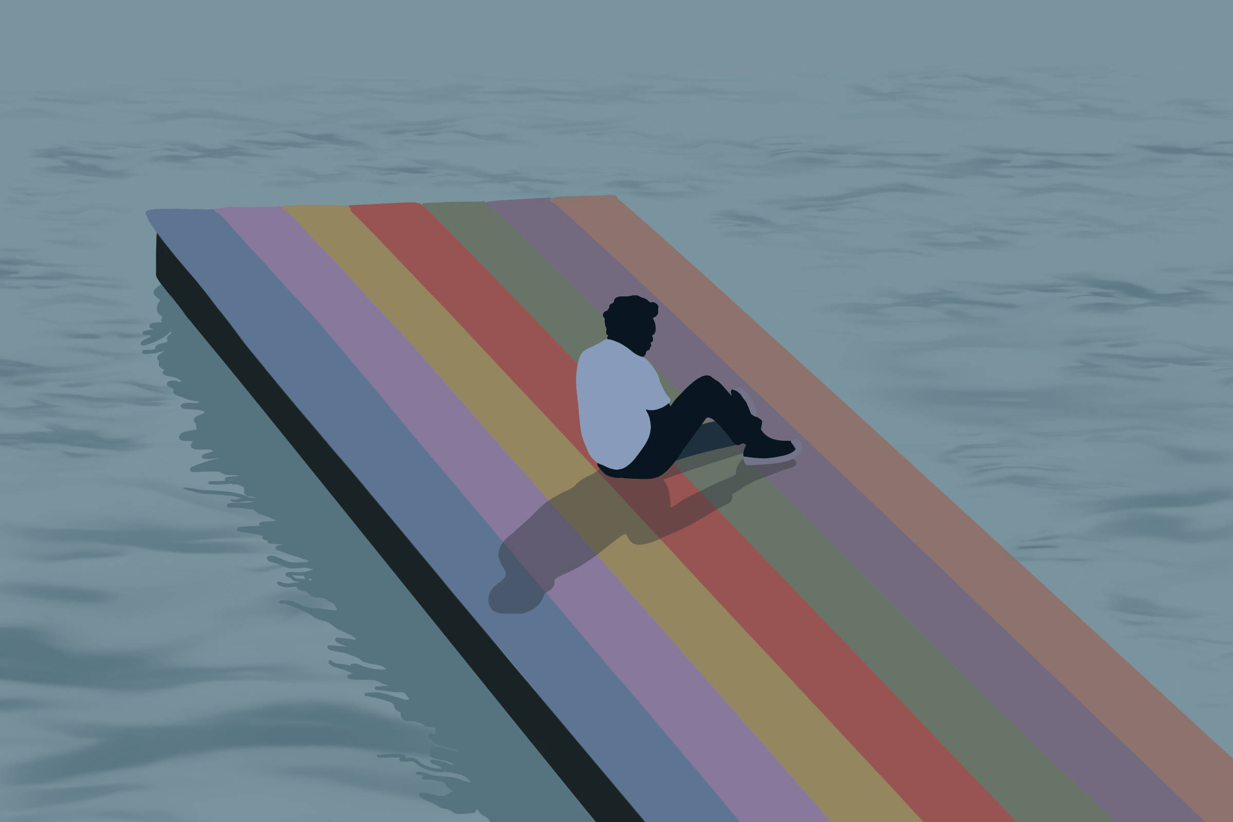 Baby Keem, rainbow-striped platform, calm gray water, Full HD Desktop Wallpaper
