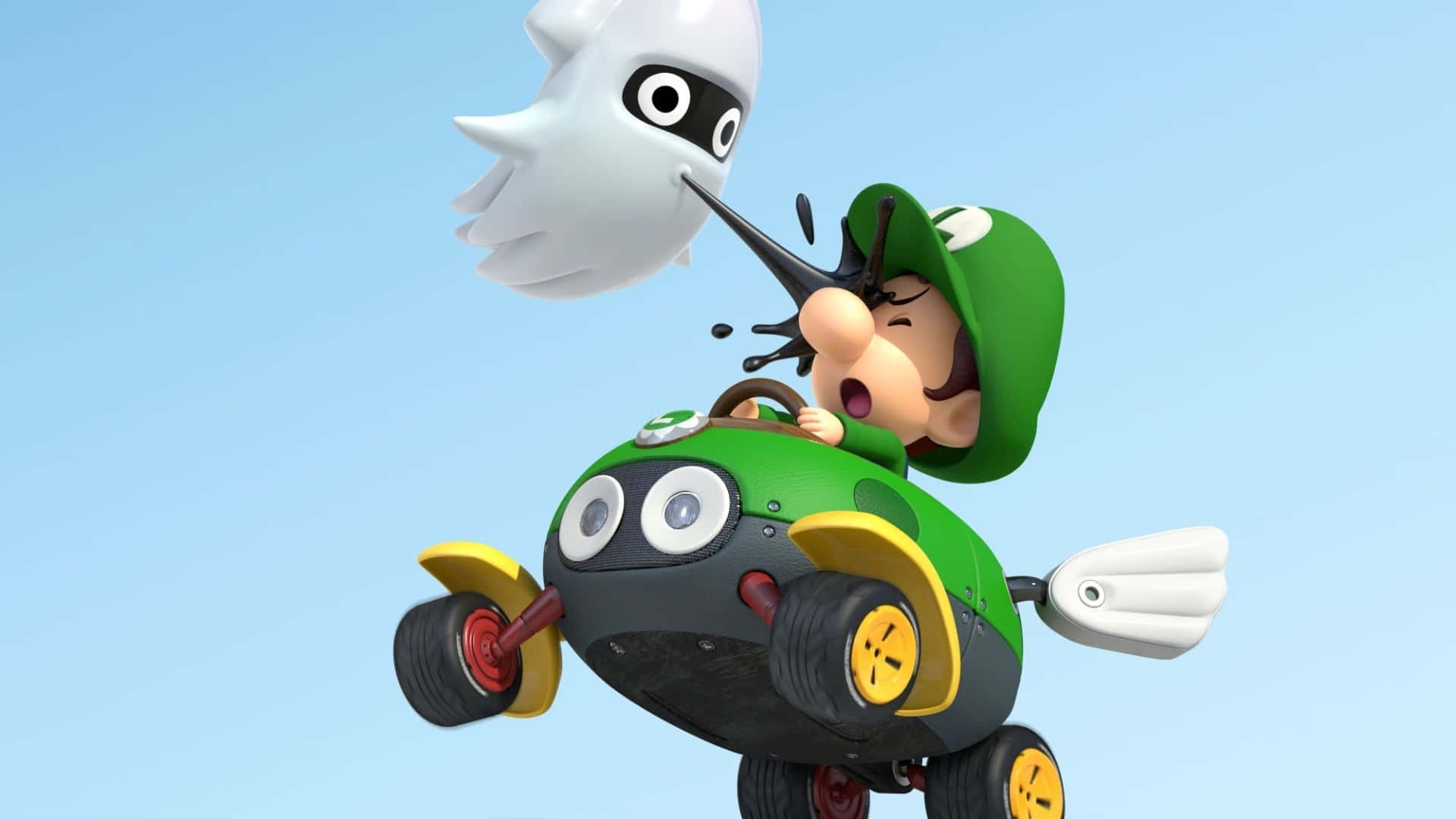 Baby Luigi, white ghost with black eyes, green and yellow race car, Full HD Desktop Wallpaper