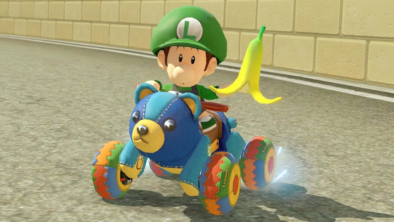 Baby Luigi, teddy bear kart, banana peel, HD Desktop Wallpaper