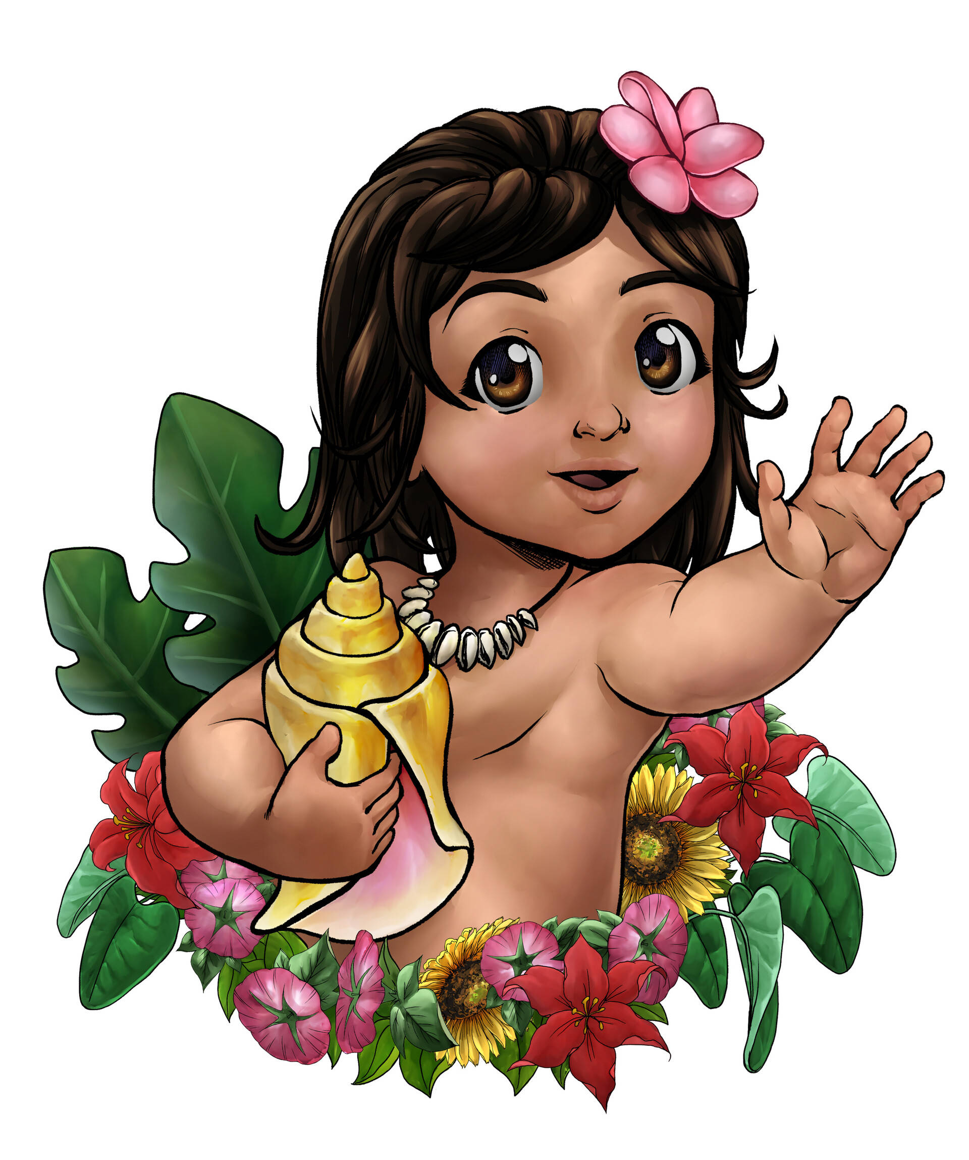 Baby Moana, golden conch shell, pink flower, Full HD Phone Wallpaper