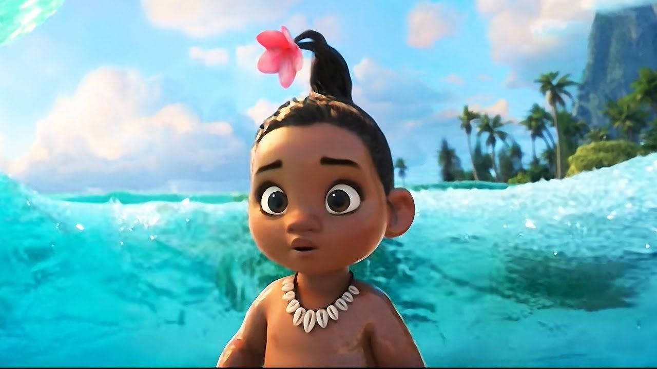 Baby Moana, pink flower, turquoise ocean waves, HD Desktop Wallpaper