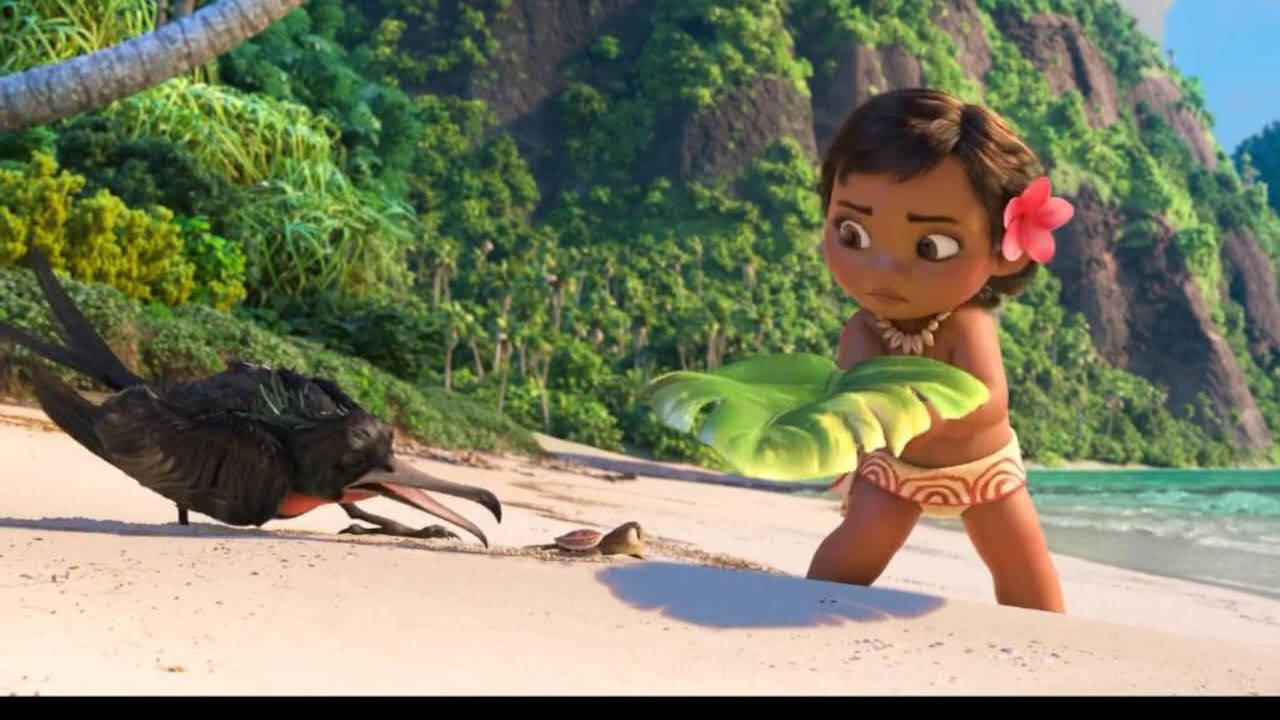 Baby Moana, frigate bird, pink flower, HD Desktop Wallpaper