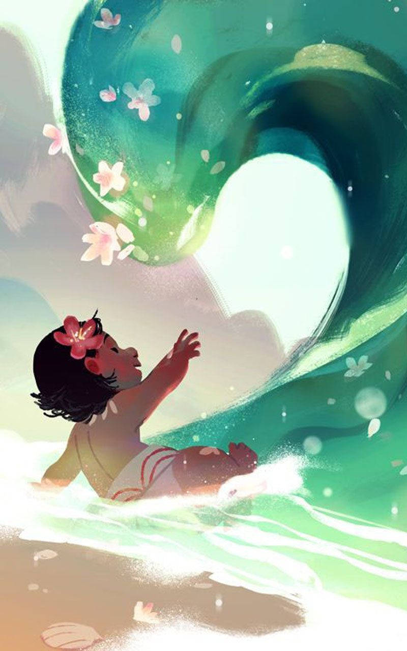 Baby Moana, glowing green wave, cherry blossoms, HD Phone Wallpaper
