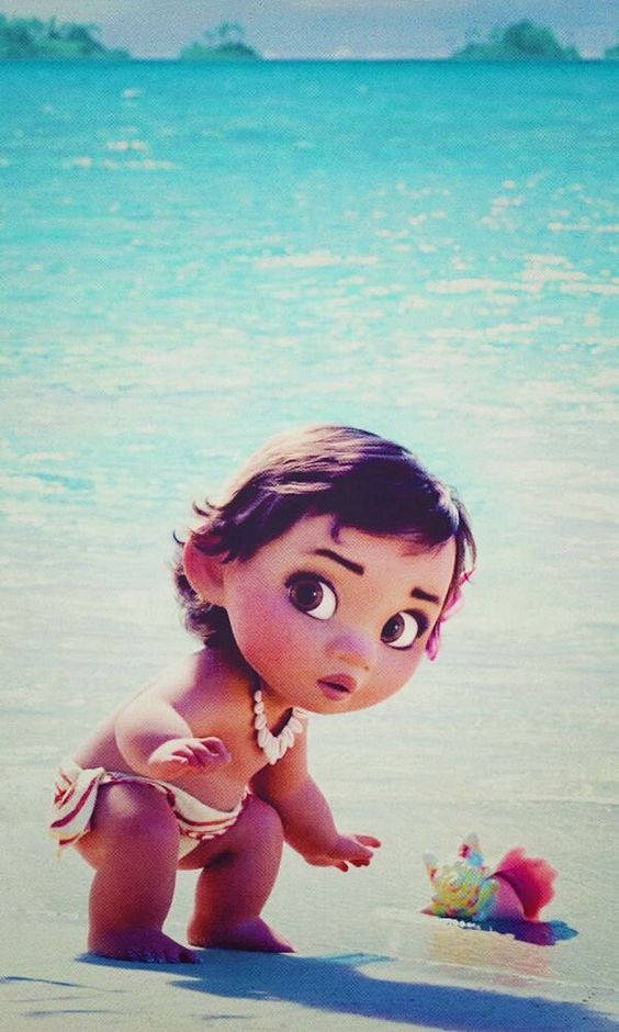 Baby Moana, seashells, sunlit beach, SD Phone Wallpaper