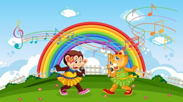 Baby Monkey, rainbow, musical notes, SD Desktop Wallpaper