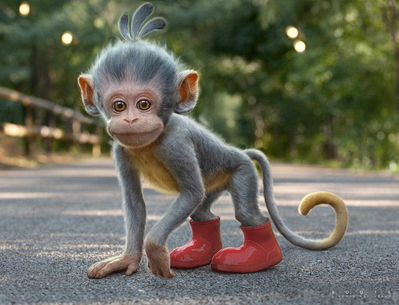baby monkey, bright red boots, paved path, HD Desktop Wallpaper