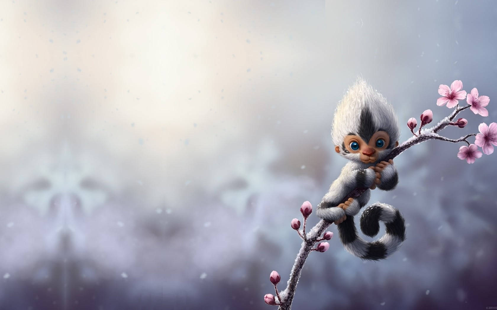 anime baby monkey, cherry blossom branch, snowy misty background, HD Desktop Wallpaper