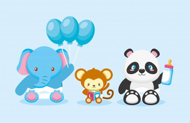 Baby Monkey, blue elephant, monkey with a gift, SD Desktop Wallpaper