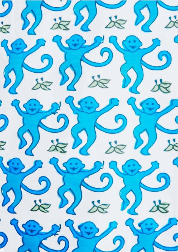 blue monkey pattern, cheerful blue cartoon monkeys, green leaves, SD Phone Wallpaper