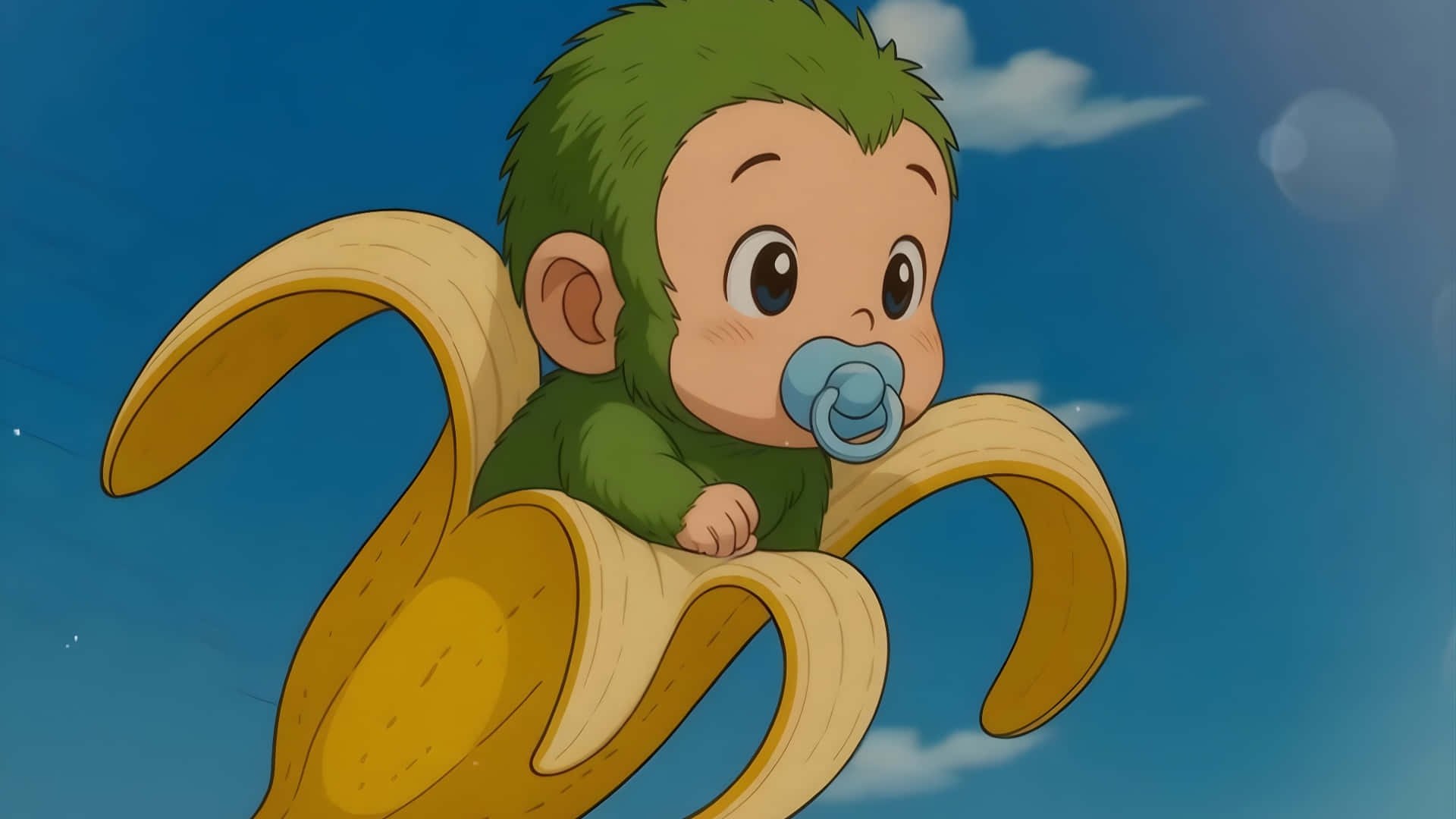 baby monkey, banana suit, green-haired, Full HD Desktop Wallpaper
