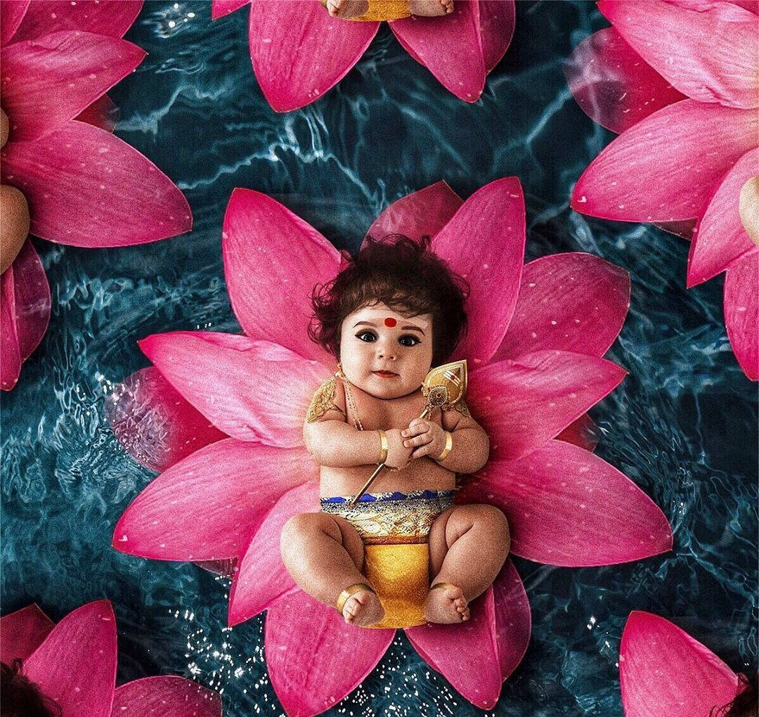 Baby Murugan, pink lotus flower, golden jewelry, SD Desktop Wallpaper