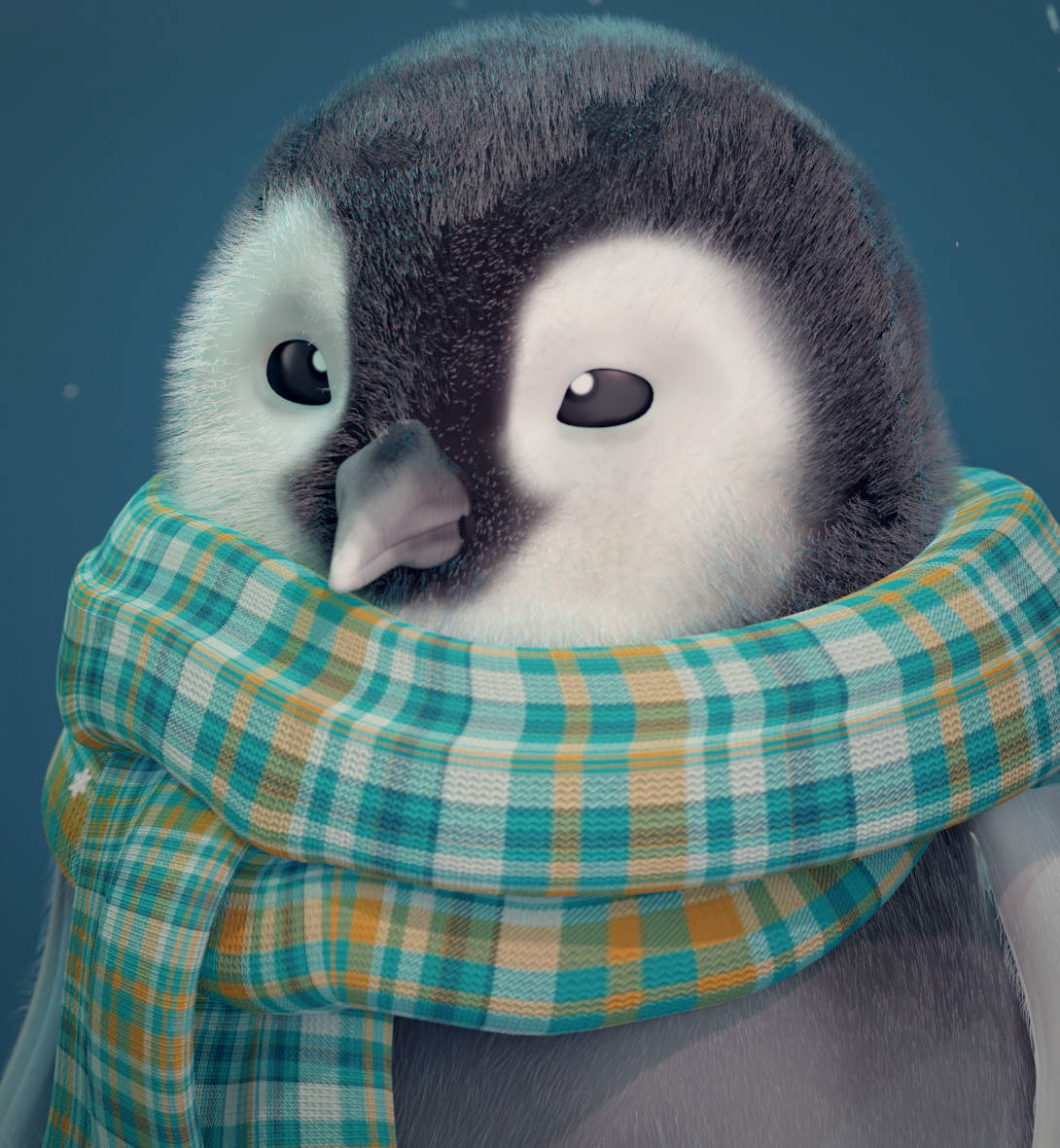 Baby Penguin, plaid scarf, cool blue background, SD Phone Wallpaper