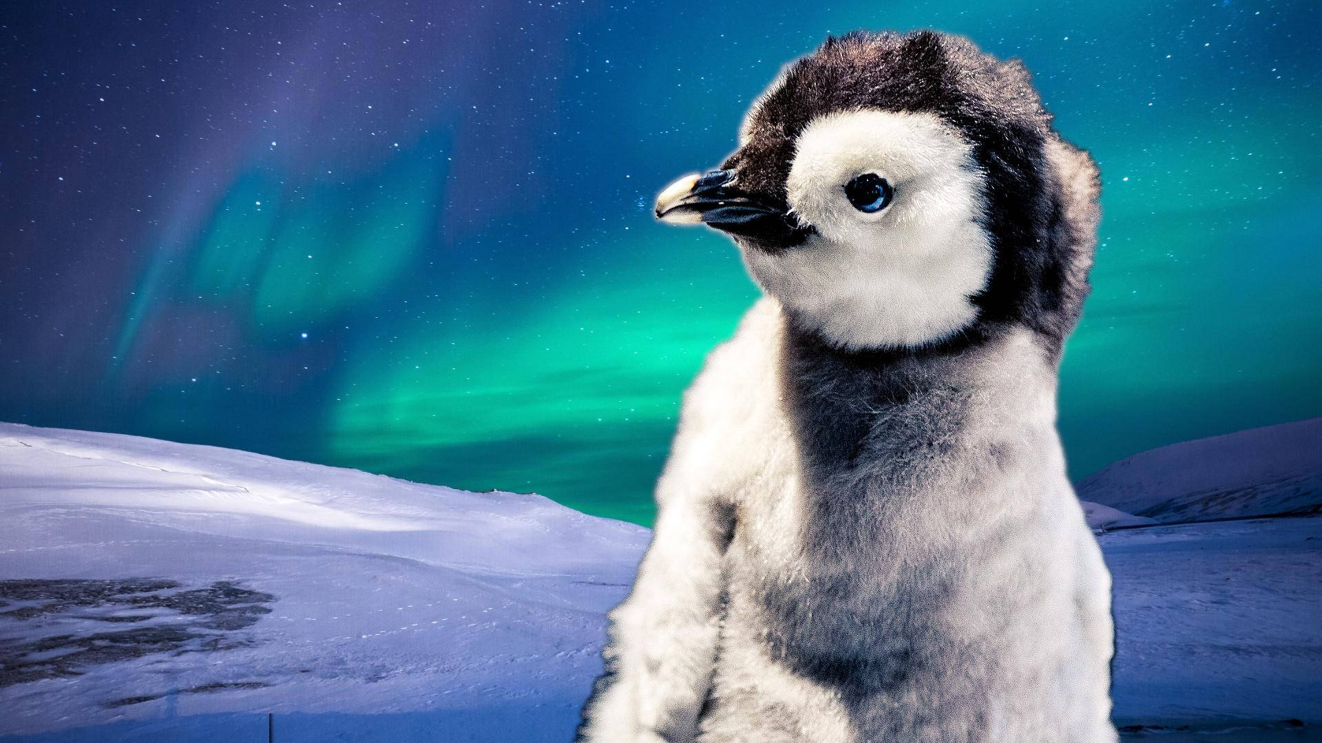Baby Penguin, northern lights, aurora borealis, Full HD Desktop Wallpaper