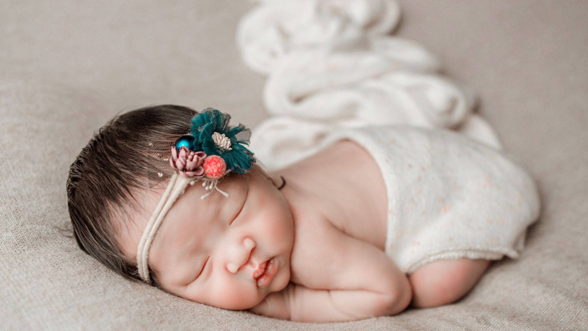 newborn baby girl, soft white fabric, colorful floral headband, Full HD Desktop Wallpaper