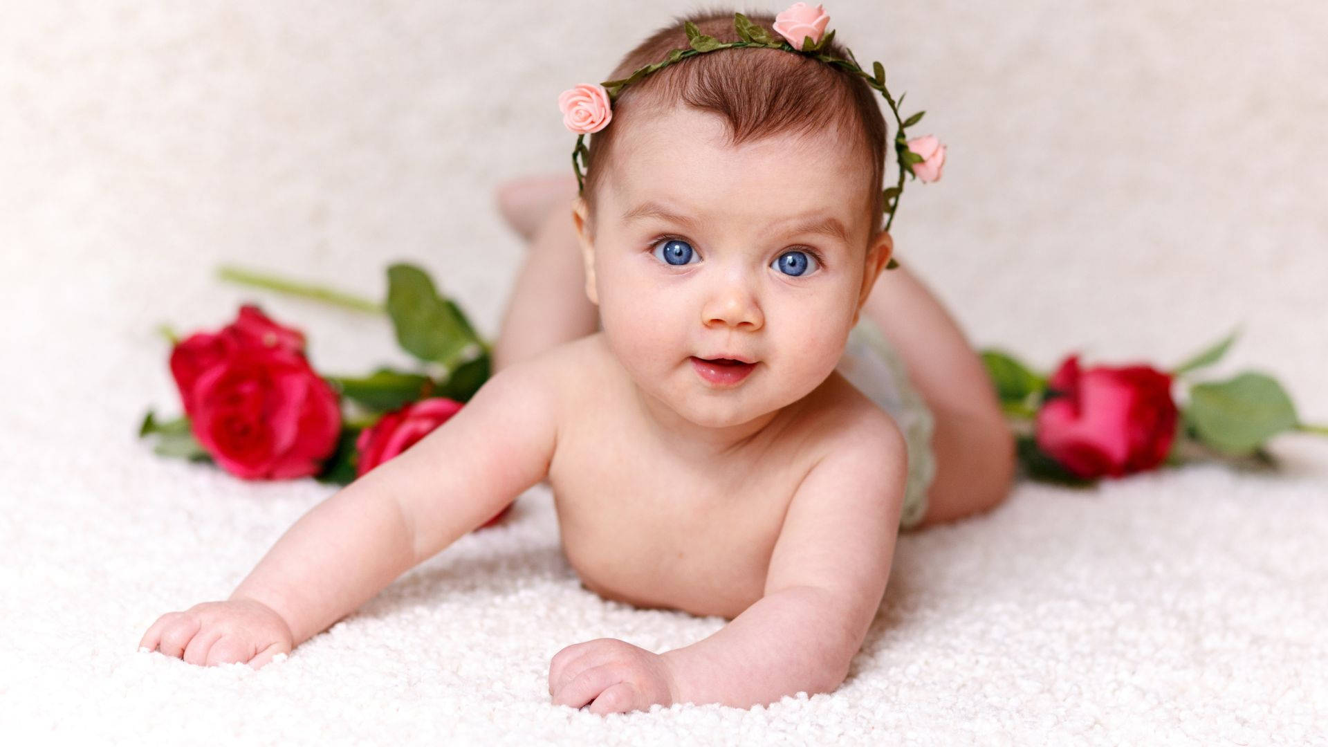 baby, bright blue eyes, pink rose crown, Full HD Desktop Wallpaper