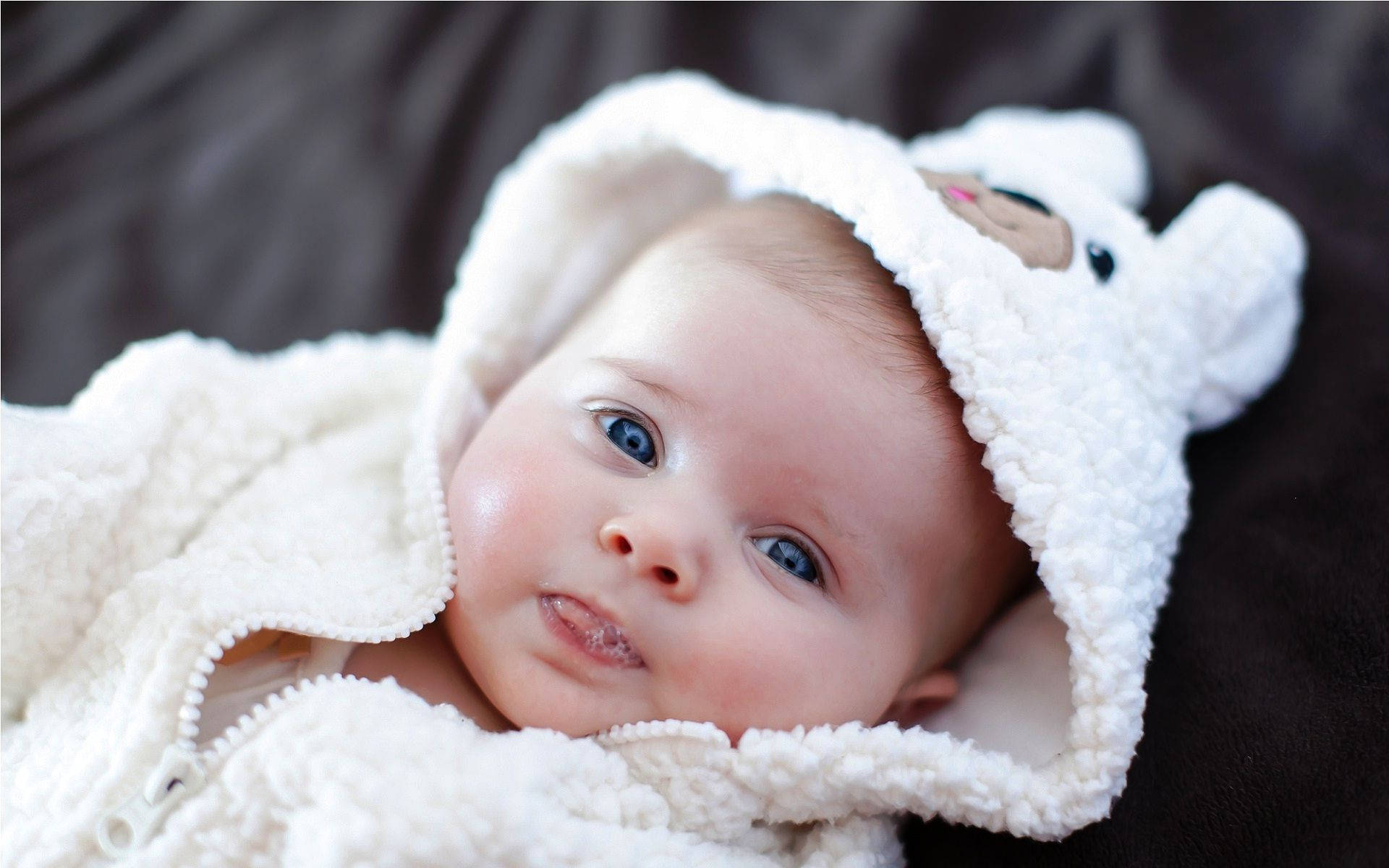 newborn baby, fluffy white bear-themed hooded outfit, bright blue eyes, Full HD Desktop Wallpaper