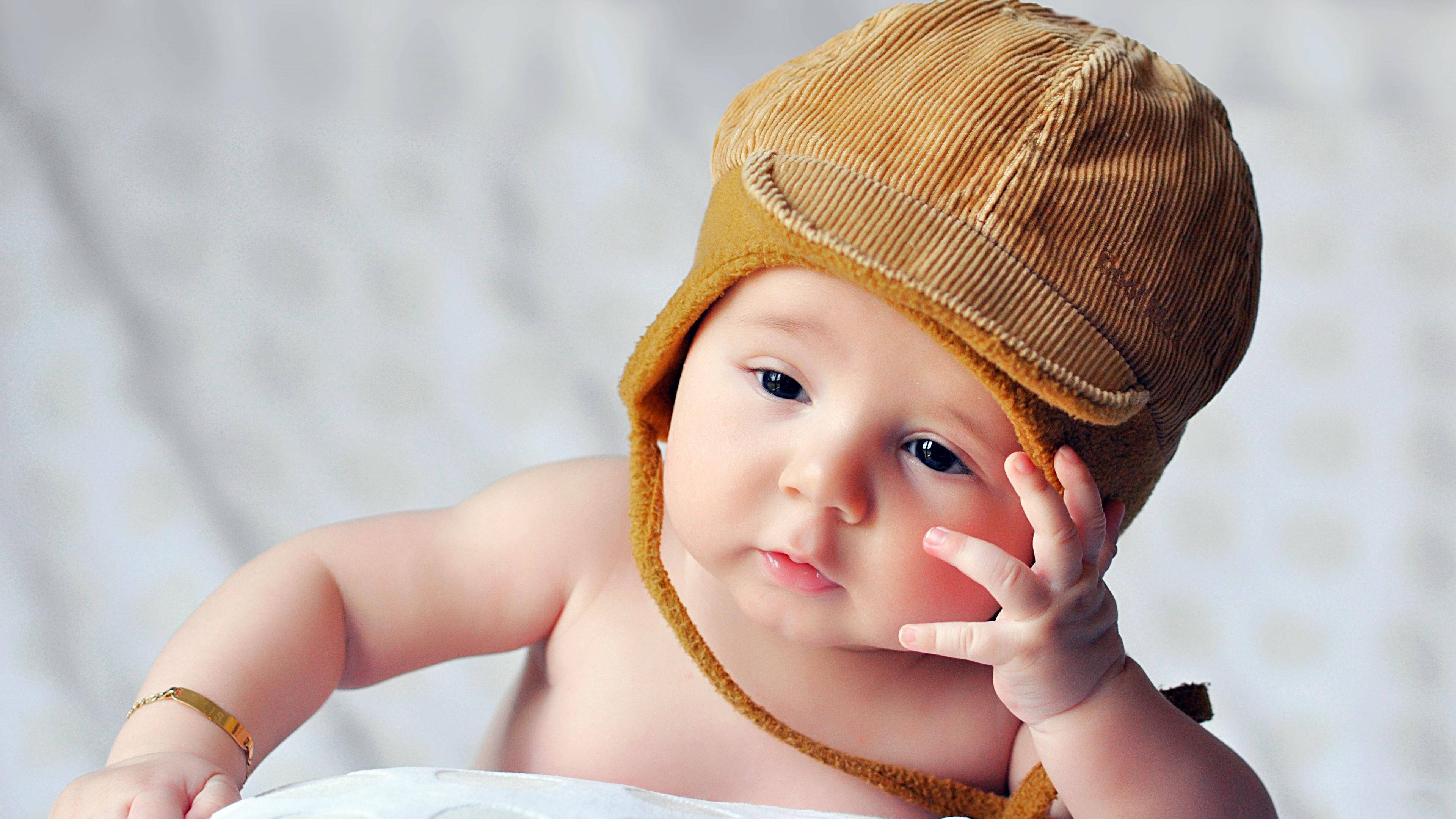 brown corduroy hat, baby, soft textured background, 4K Desktop Wallpaper