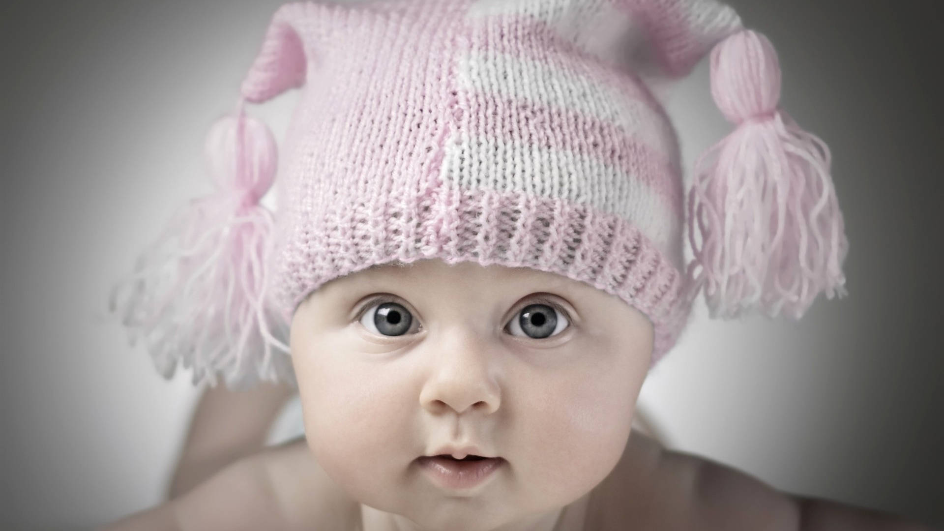 pink crochet bonnet, pink and white striped knit hat, fluffy tassels, Full HD Desktop Wallpaper