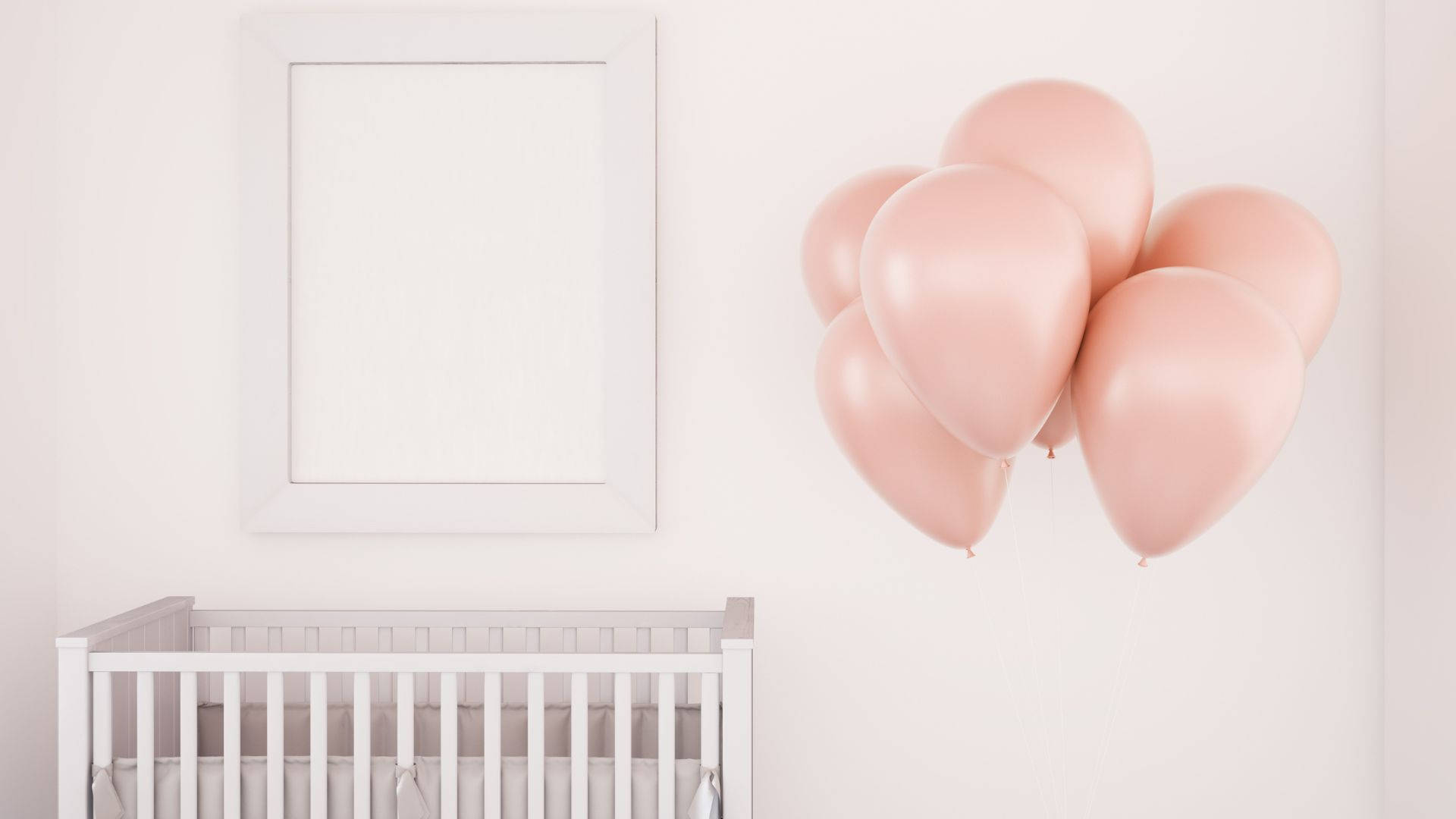 Baby Pink, white crib, soft pink balloons, Full HD Desktop Wallpaper