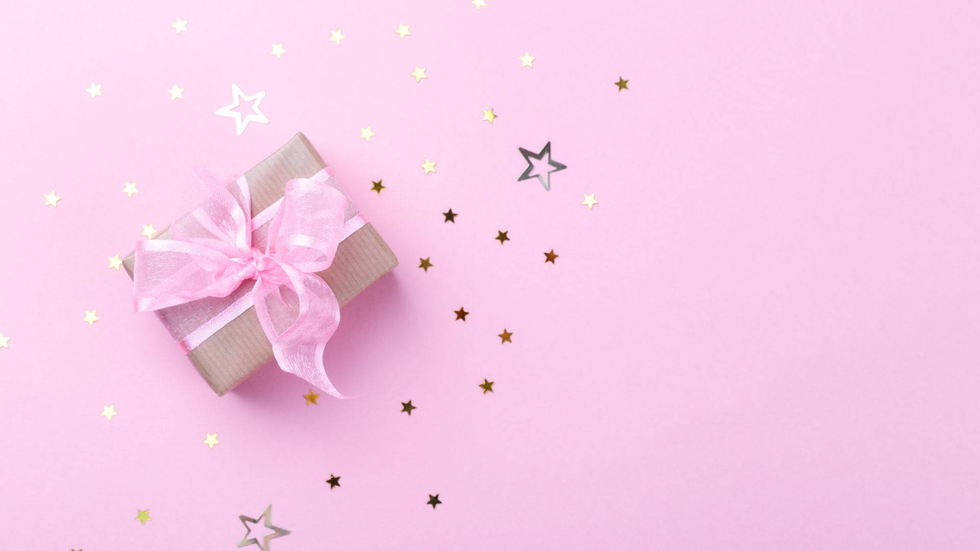 baby pink ribbon, pastel pink surface, gold star confetti, Full HD Desktop Wallpaper