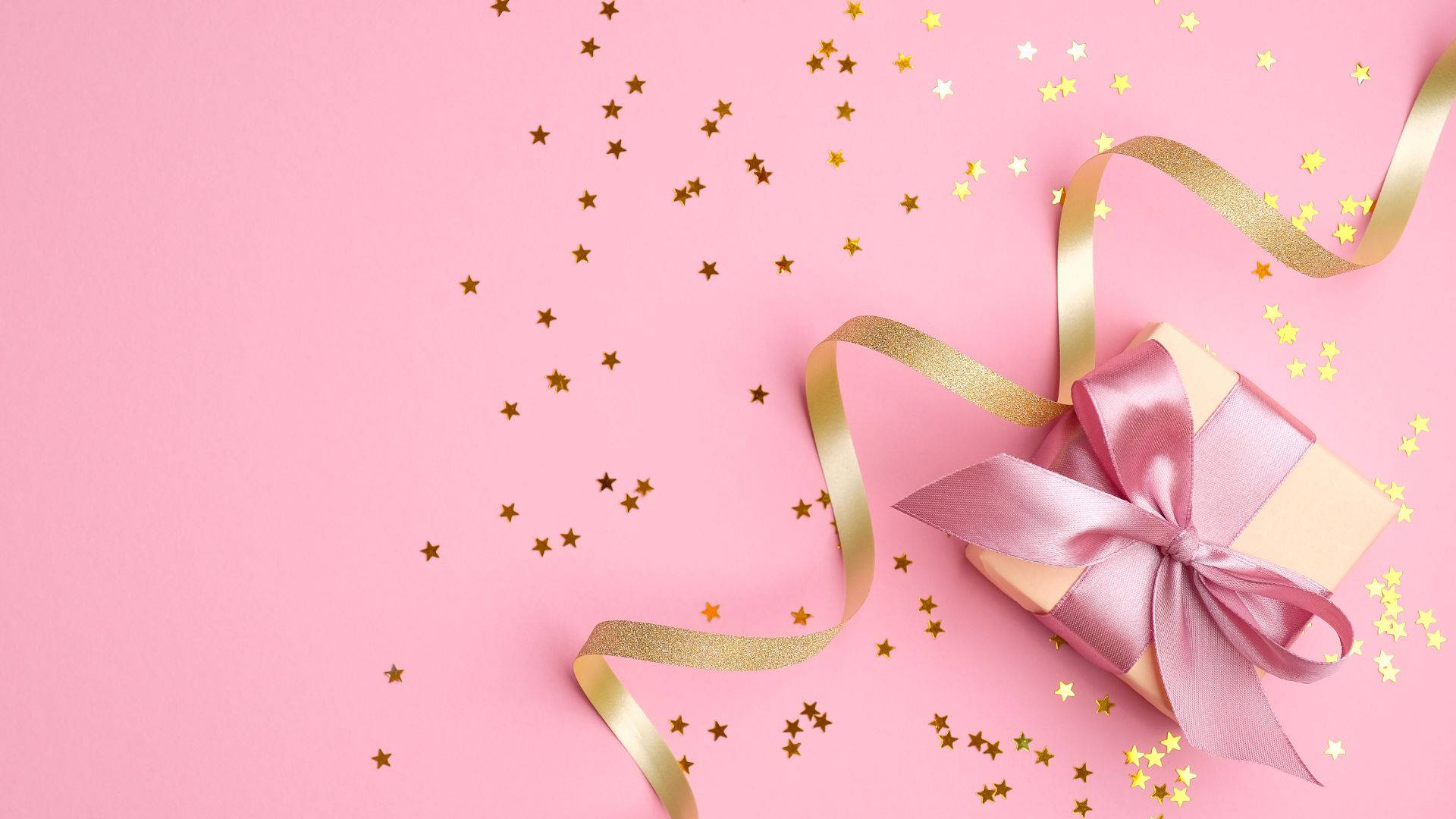 Baby Pink, golden ribbon, satin bow, Full HD Desktop Wallpaper