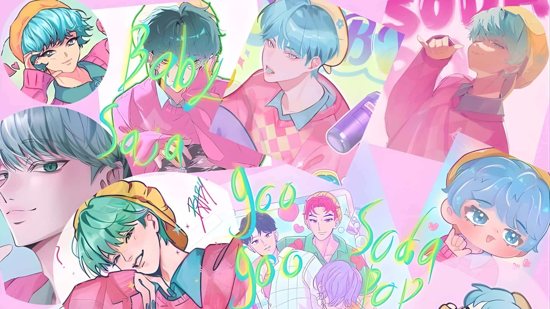 Baby Saja, blue green hair, pink hair, Full HD Desktop Wallpaper