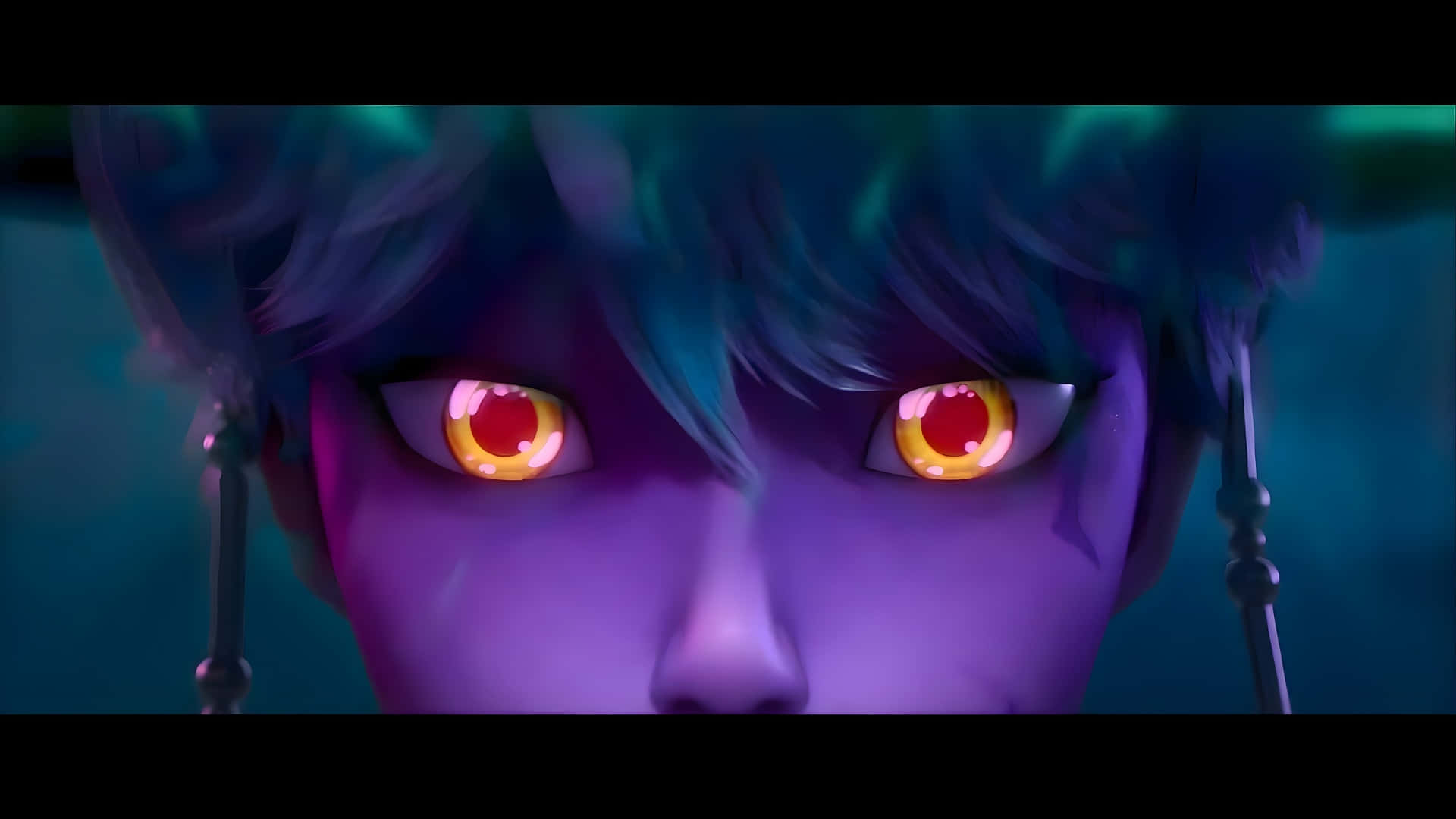 Baby Saja, glowing red eyes, teal hair, Full HD Desktop Wallpaper