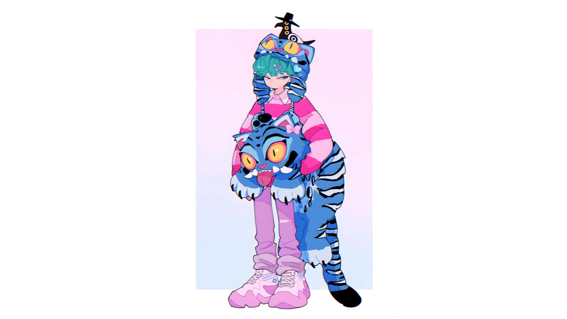 Baby Saja, teal hair, pink striped sweater, Full HD Desktop Wallpaper